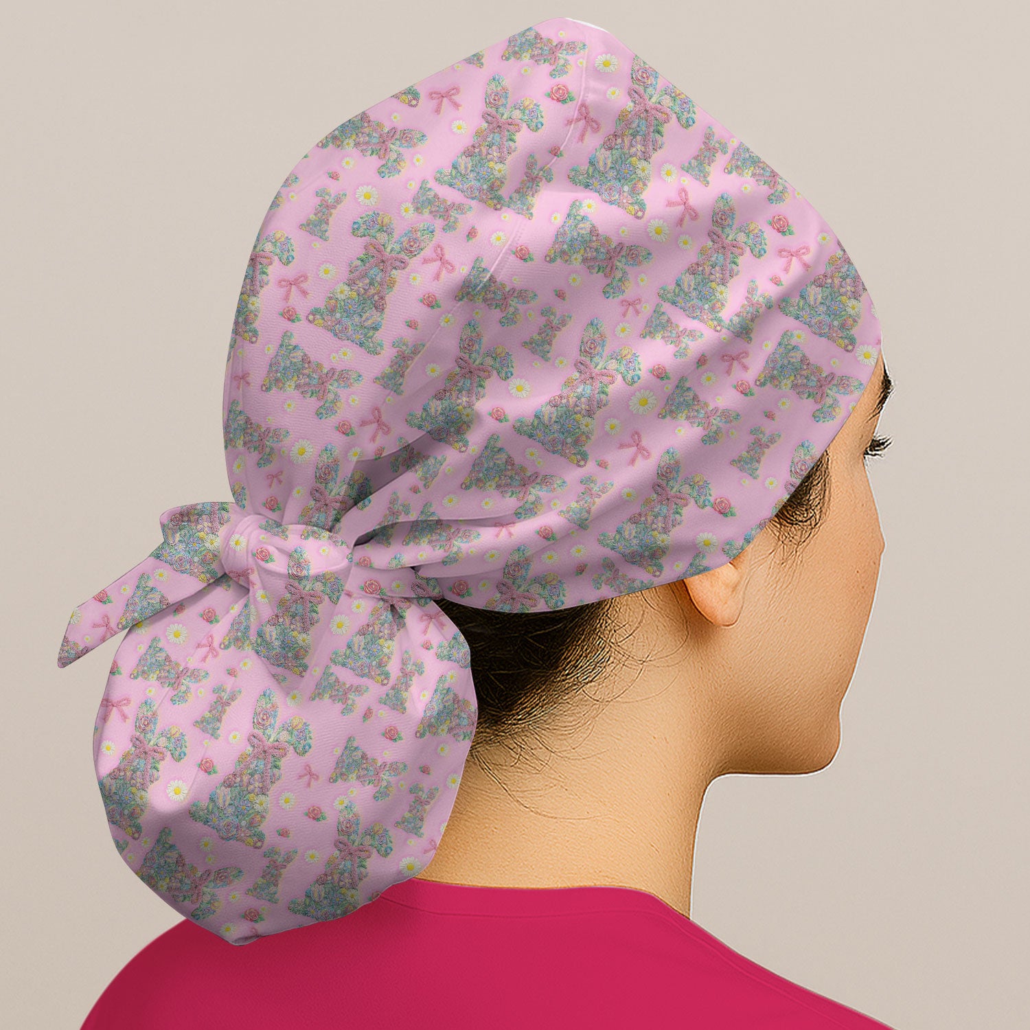 Colorful Floral Bunny with Pink Bow Pattern Scrub Cap, Breathable Fabrics Caps Uniform