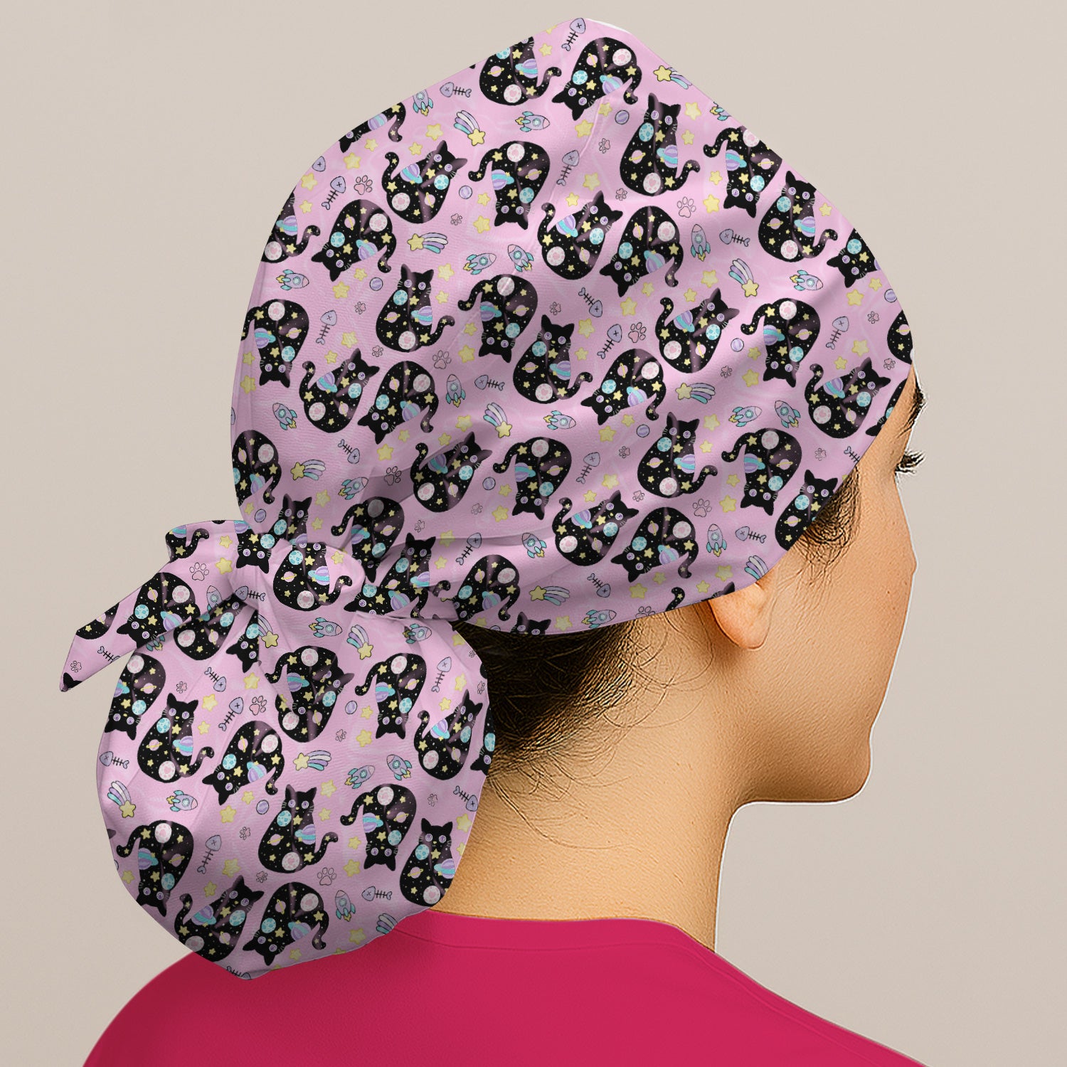 Galaxy Black Cat Space Pattern Scrub Cap, Surgical Caps for Doctors