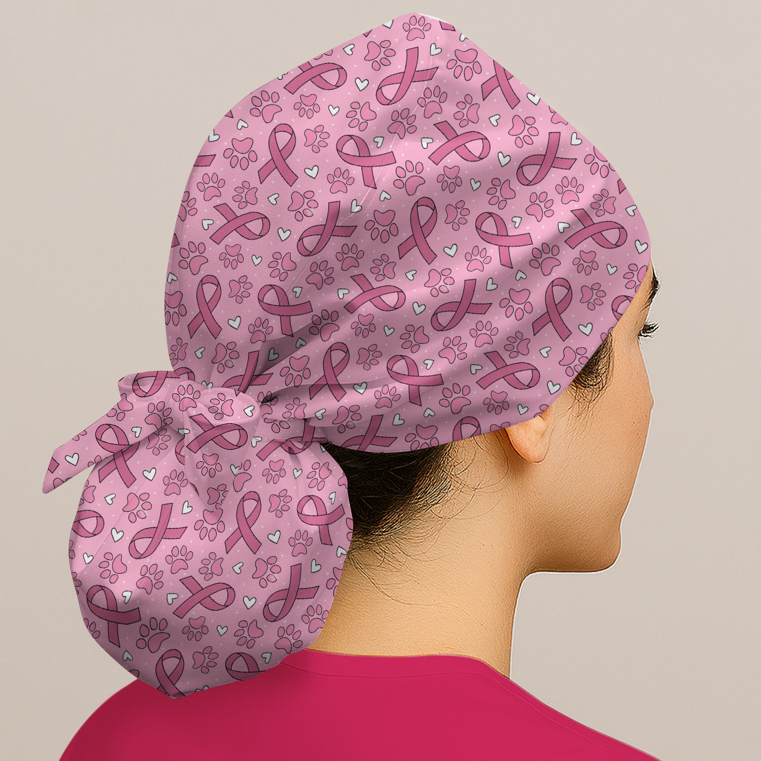 Pink Ribbon Paw Print Scrub Cap, Surgical Caps for Doctors