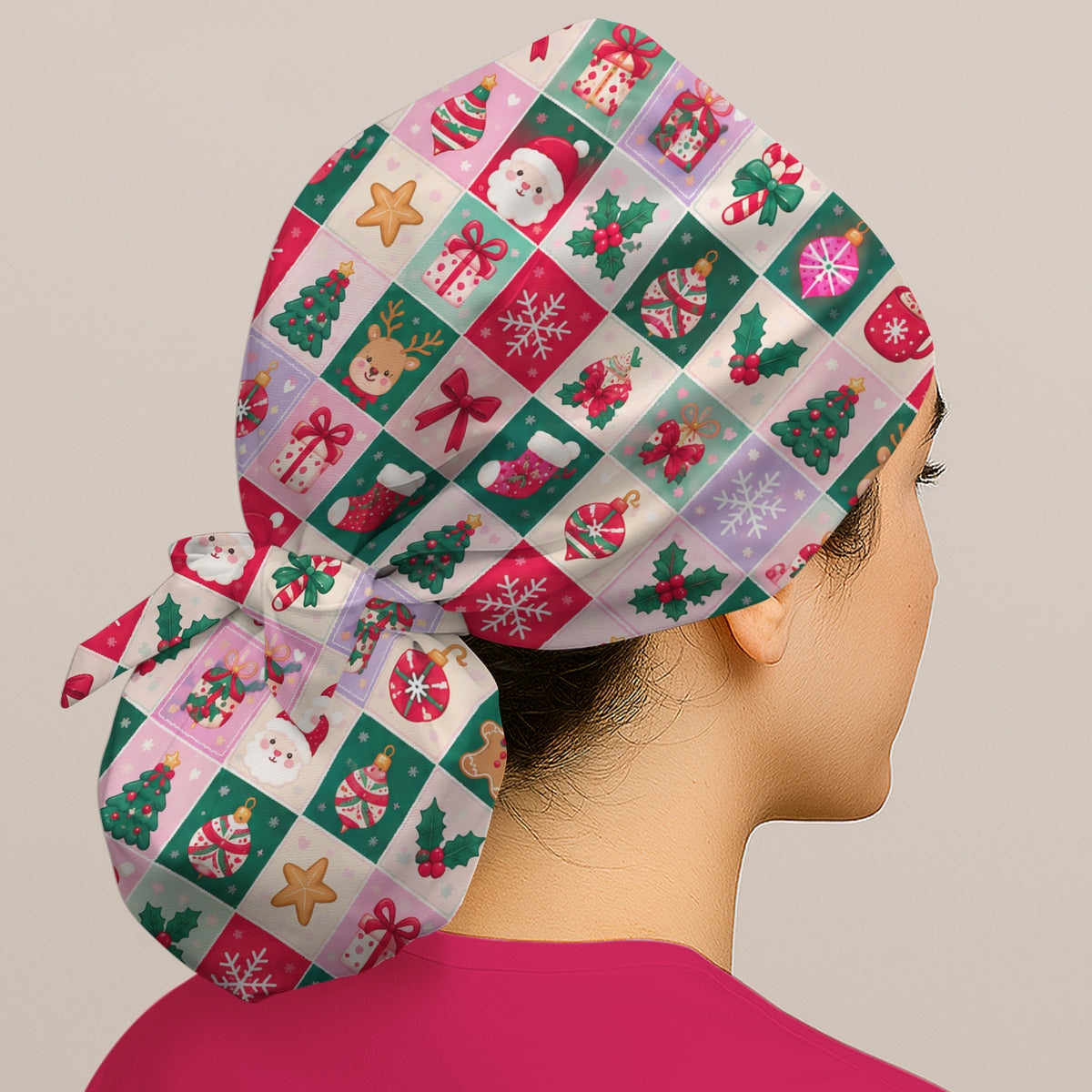 Cute Christmas Santa Patchwork Scrub Cap, Surgical Caps for Doctors