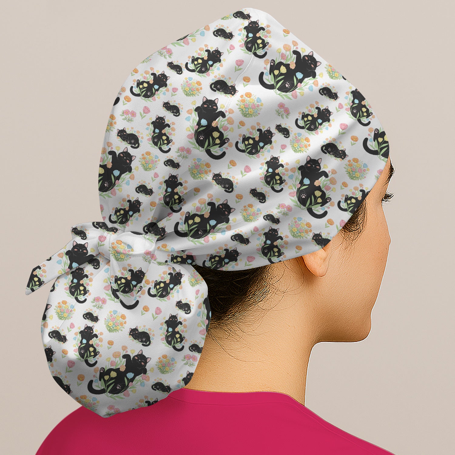 Cats With Cute Poses Floral Pattern Caps, Bouffant Scrub Caps for Women