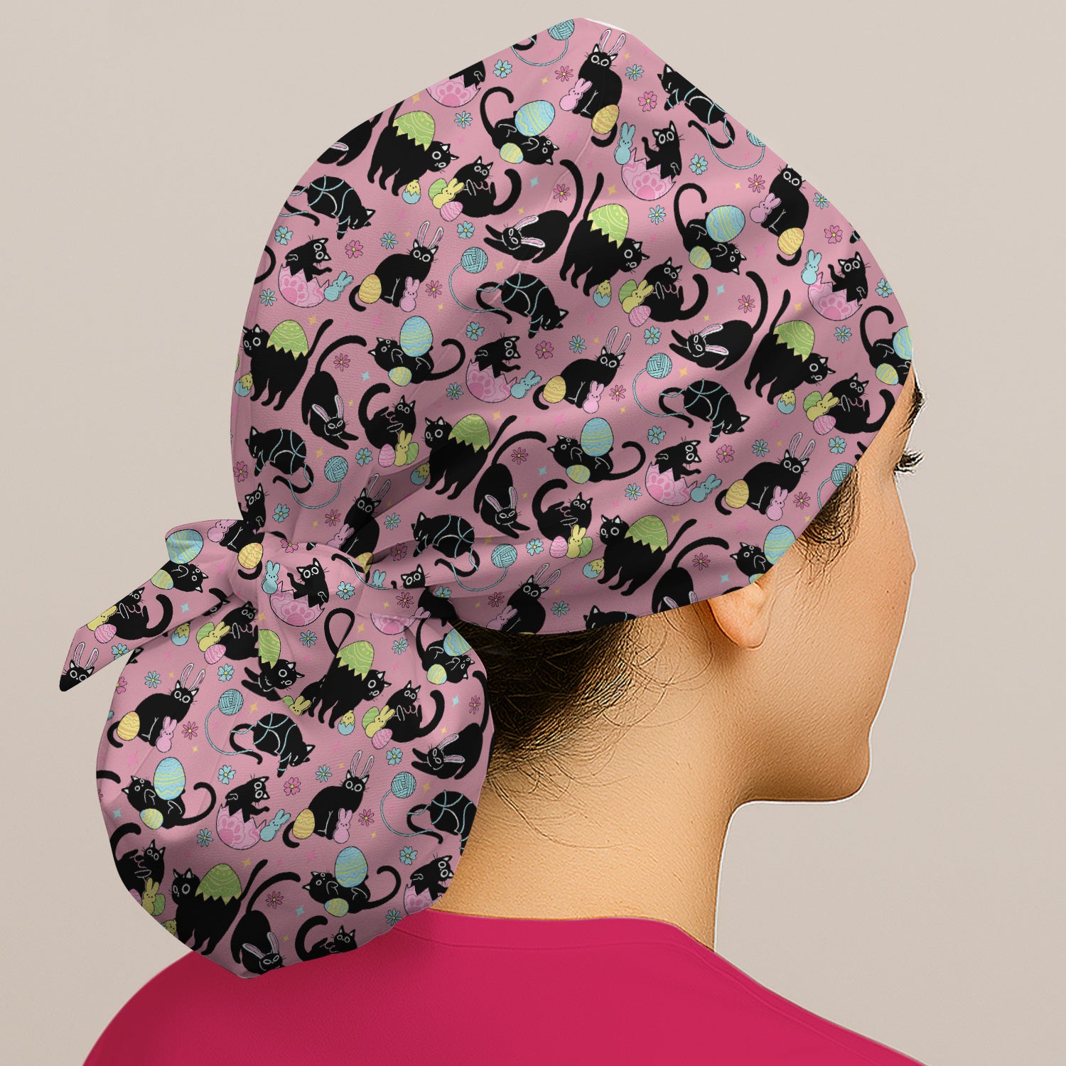 Funny Easter Black Cat Egg Pattern Print Cap, Bouffant Scrub Caps for Women
