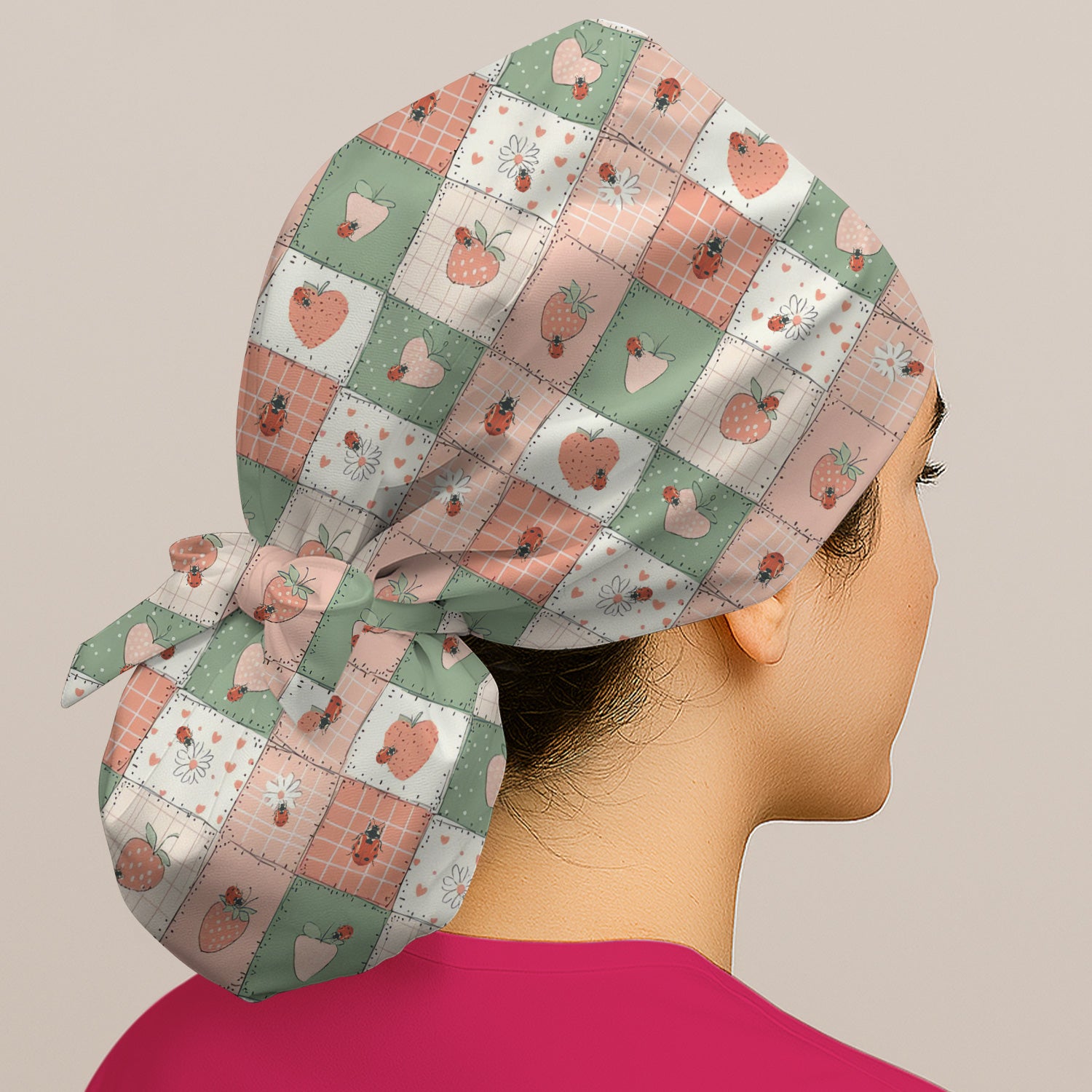 Strawberry Ladybug Patchwork Pattern Scrub Cap, Breathable Fabrics Caps Uniform