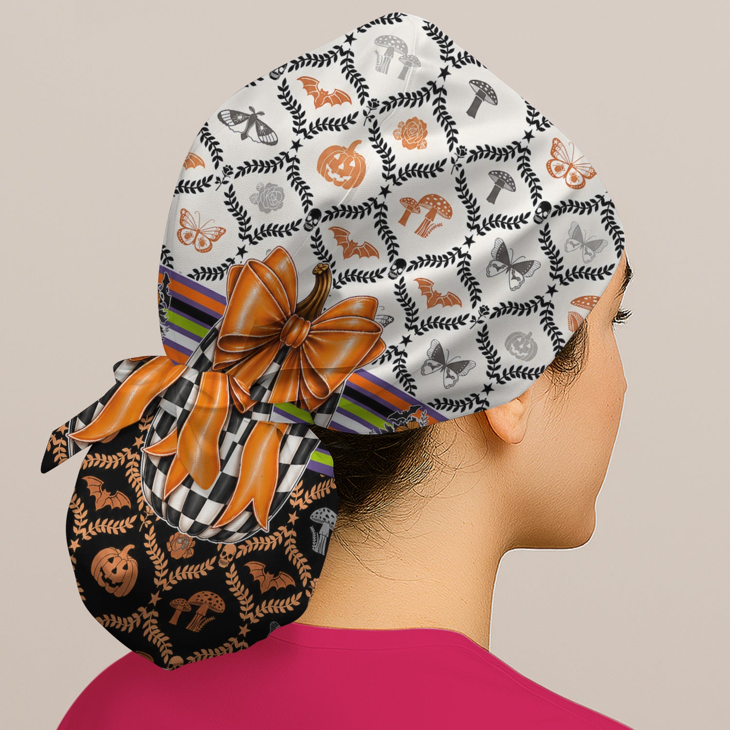 Halloween Checkered Pumpkin With Bow Pattern Scrub Cap, Surgical Caps for Doctors