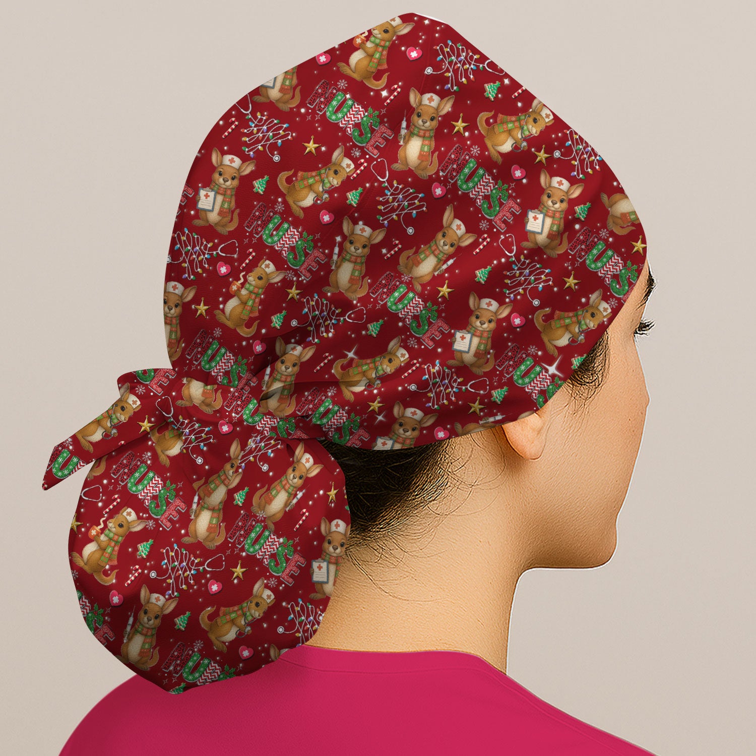 Aussie Kangaroo Christm Bouffant Scrub Caps for Women - Funny Holiday Nursing Gift - Breathable Fabrics Caps Uniform