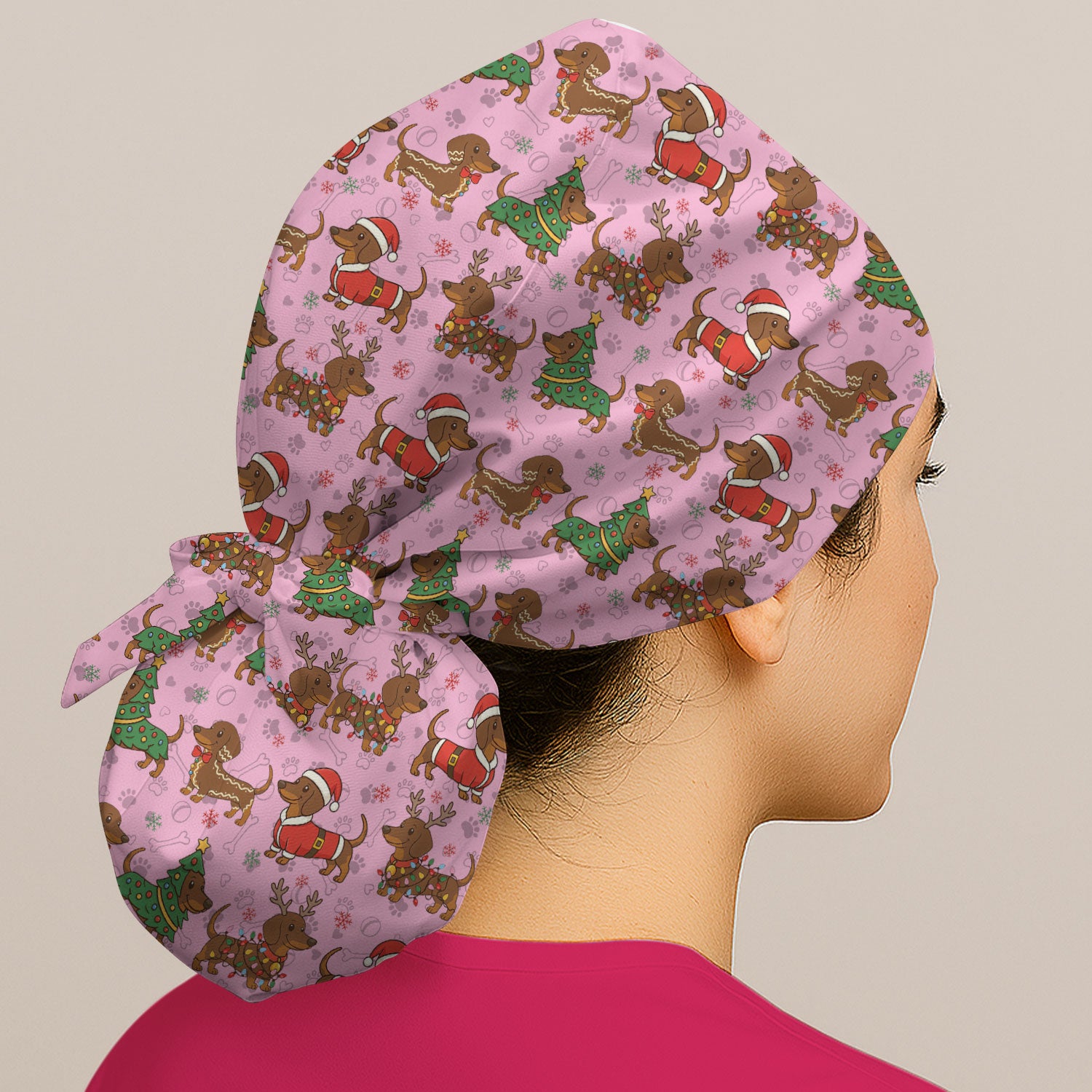 Christmas Dachshund Scrub Cap - Sausage Dog Wiener Holiday Surgical Hat Multi Color - Xmas Gift for RN CNA LPN