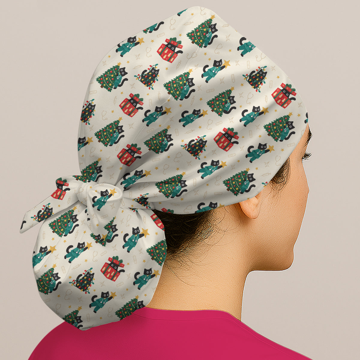 Christmas Black Nurse Cats And Trees Scrub Cap, Surgical Caps for Doctors