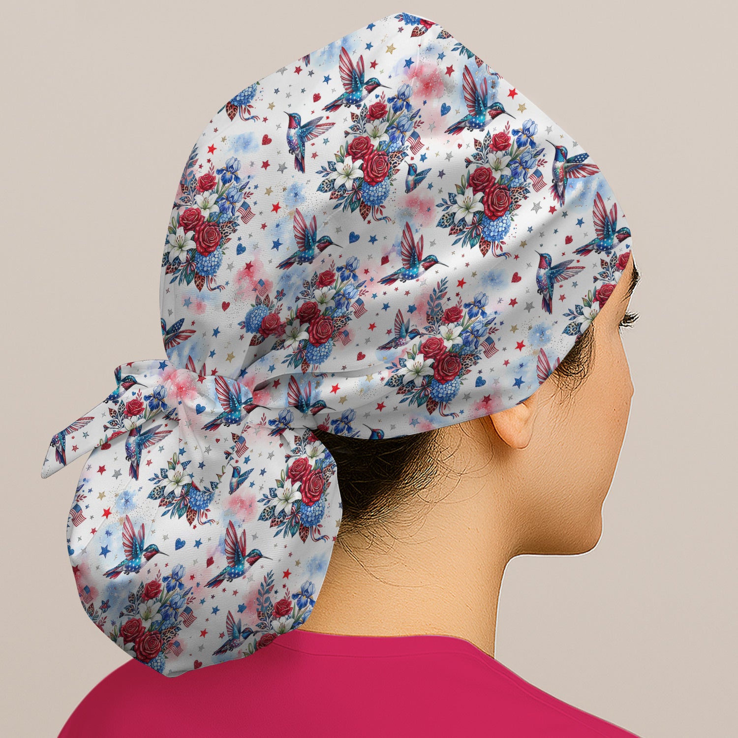 Patriotic Hummingbird Floral Bouquet Pattern Scrub Cap, Surgical Caps for Doctors