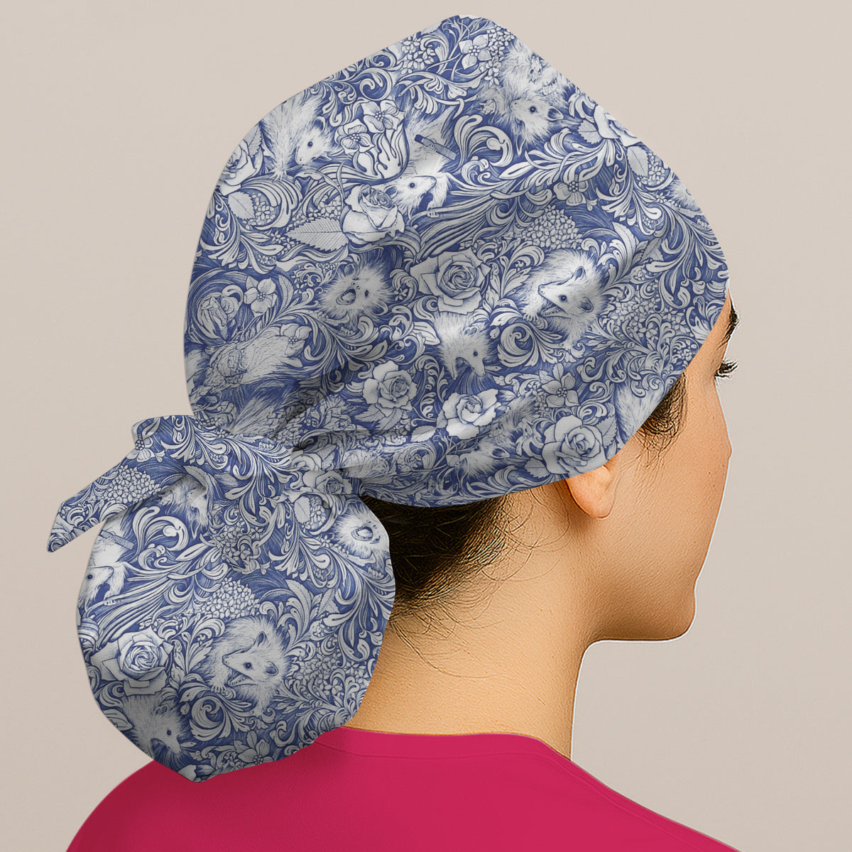Blue Floral Opossum and Roses Scrub Cap, Surgical Caps for Doctors