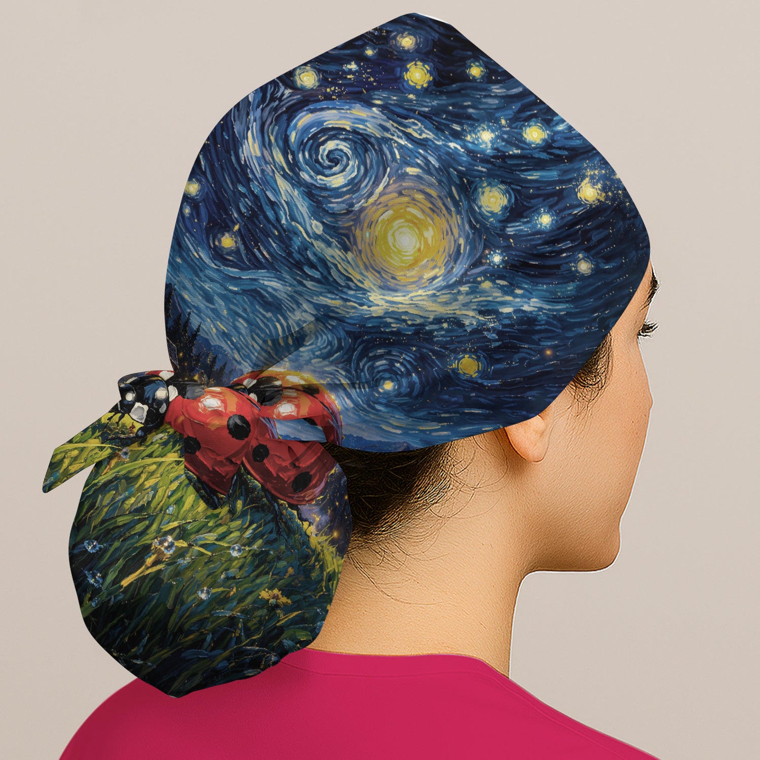 Swirl Night Sky Ladybug Landscape Art Print Scrub Cap, Bouffant Scrub Caps for Women