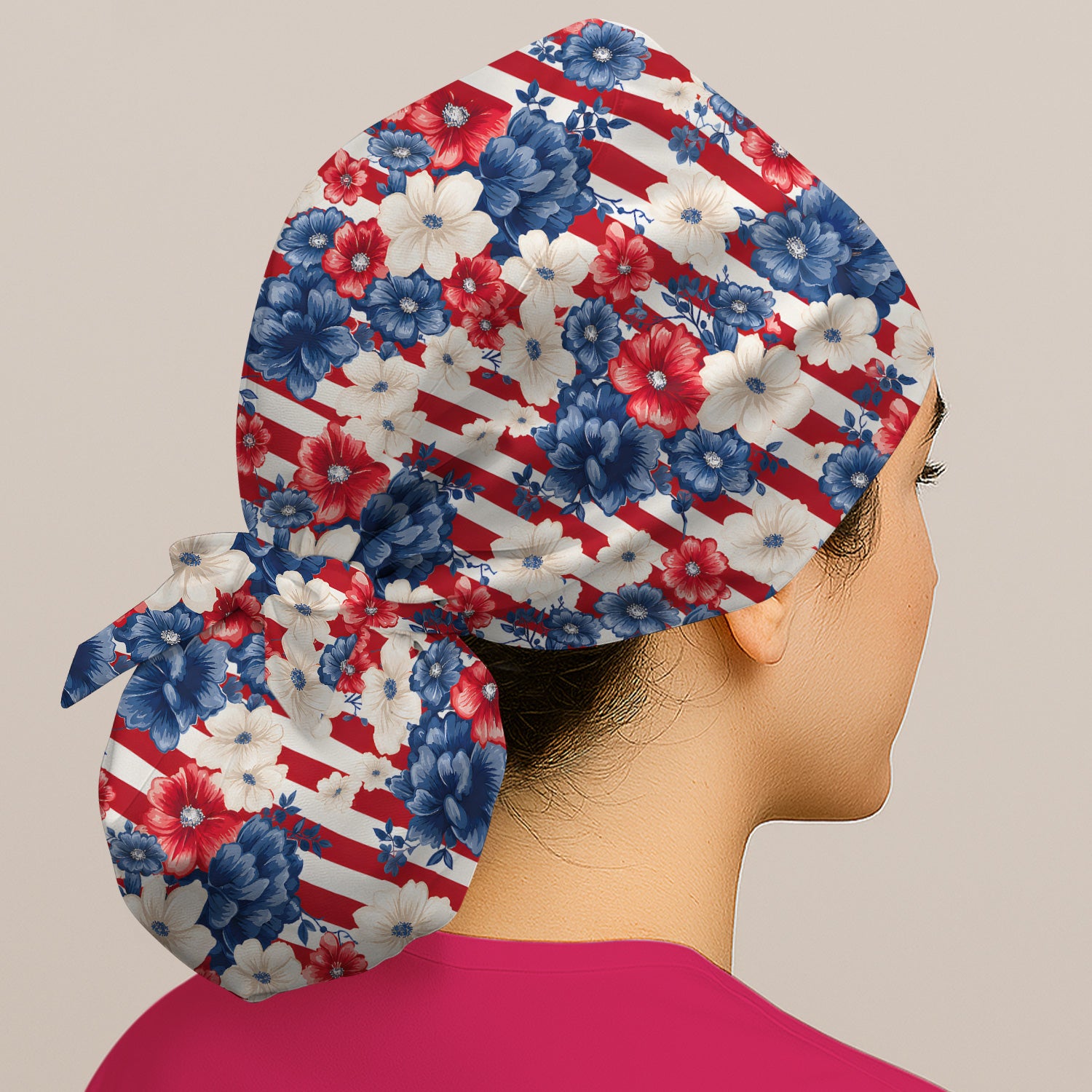 Patriotic Floral Nurse for RN & CNA, American Flag Healthcare Workers Medical Uniform Scrub Cap, Surgical Caps for Doctors