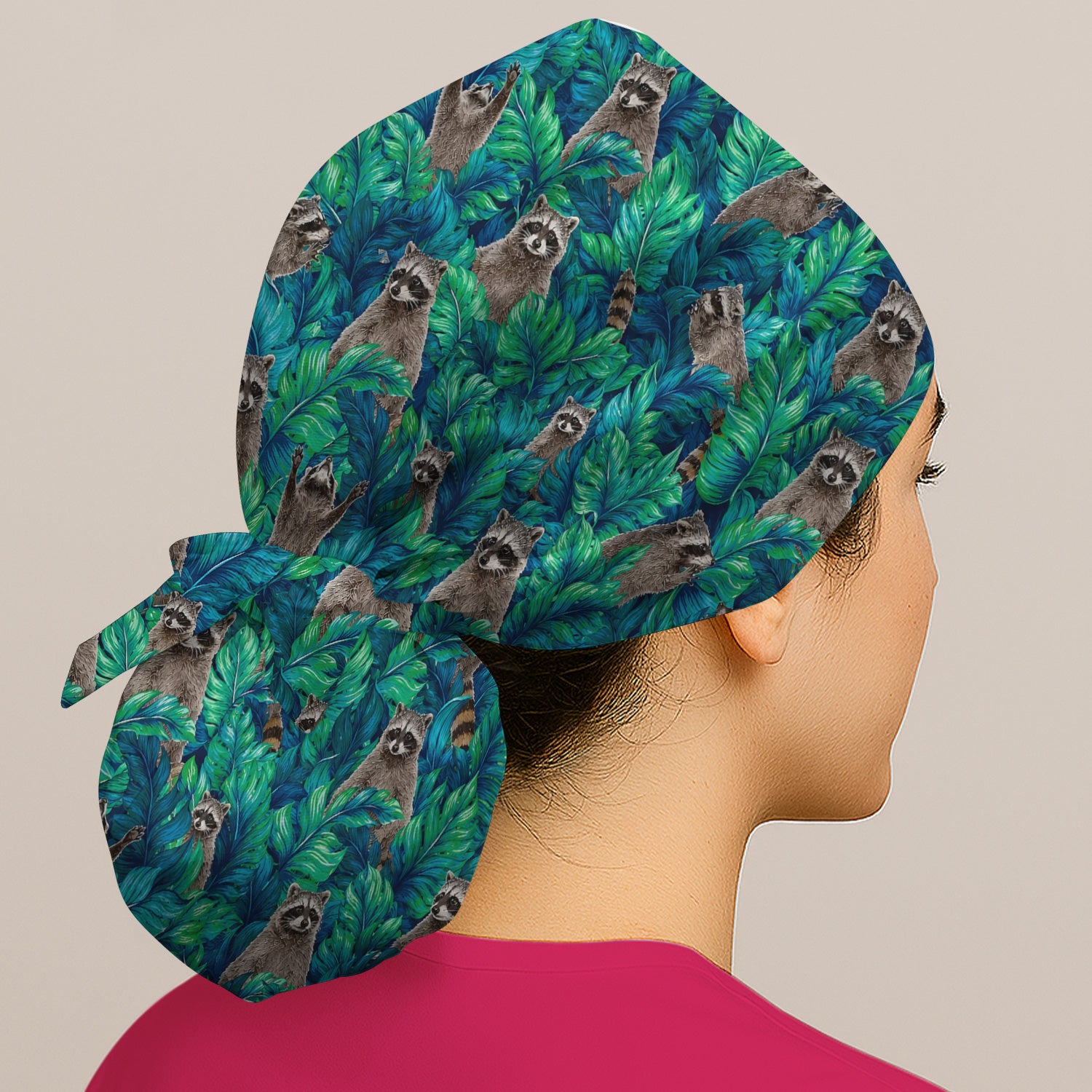 Tropical Raccoon Jungle Leaves Pattern Scrub Cap, Surgical Caps for Doctors