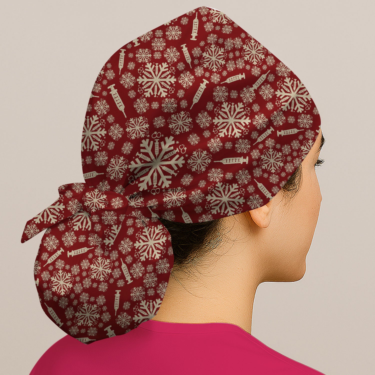 Snowflake Syringe Bouffant Scrub Caps for Women - Winter Snow Holiday Nursing Gift - Breathable Fabrics Caps Uniform