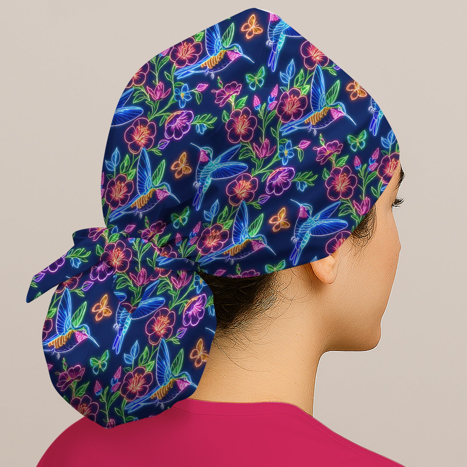 Neon Hummingbird Floral Garden Pattern Scrub Cap, Surgical Caps for Doctors
