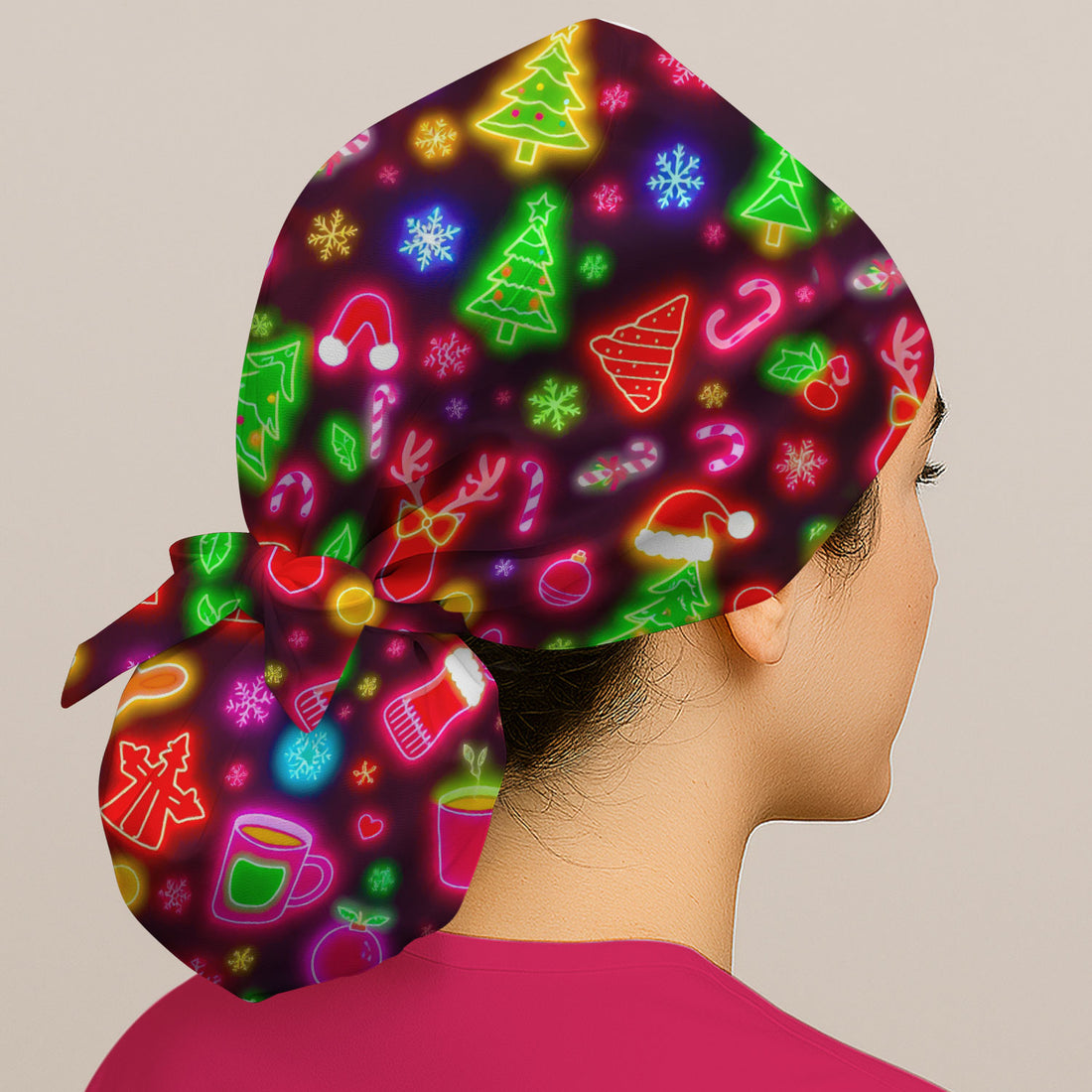 Reindeer Neon Xmas Scrub Cap, Christmas Pattern Scrub Hat,  Breathable Fabrics Nursing Uniform