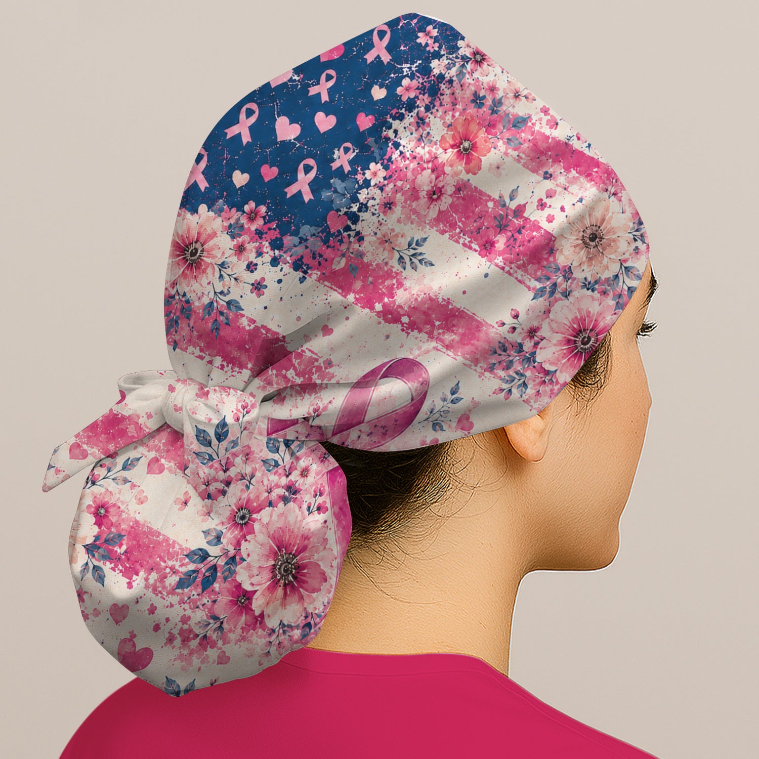 Breast Cancer Floral Flag Scrub Cap, Surgical Caps for Doctors