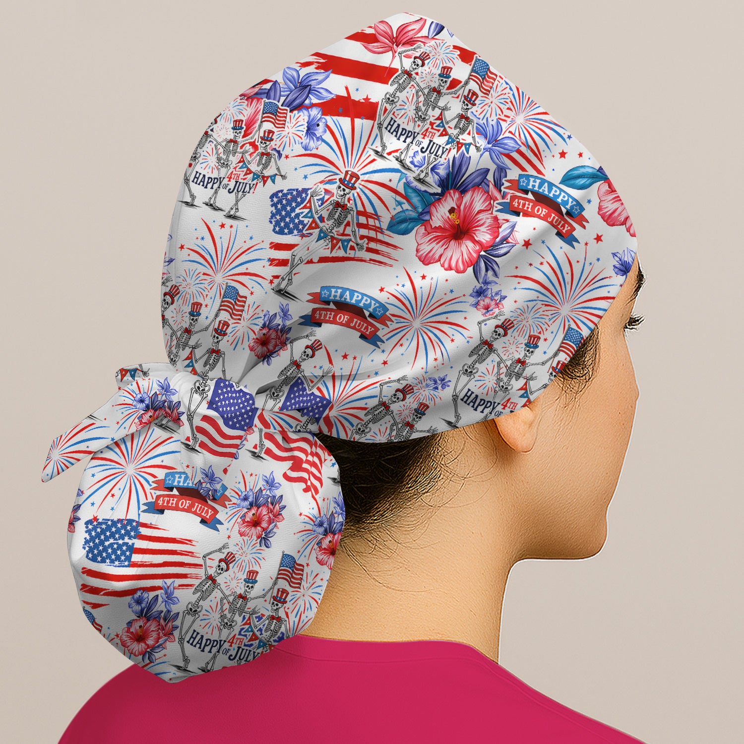 Funny 4th Of July Skeleton Nurse for RN & CNA, Patriotic Fireworks Medical Uniform Scrub Cap, Surgical Caps for Doctors