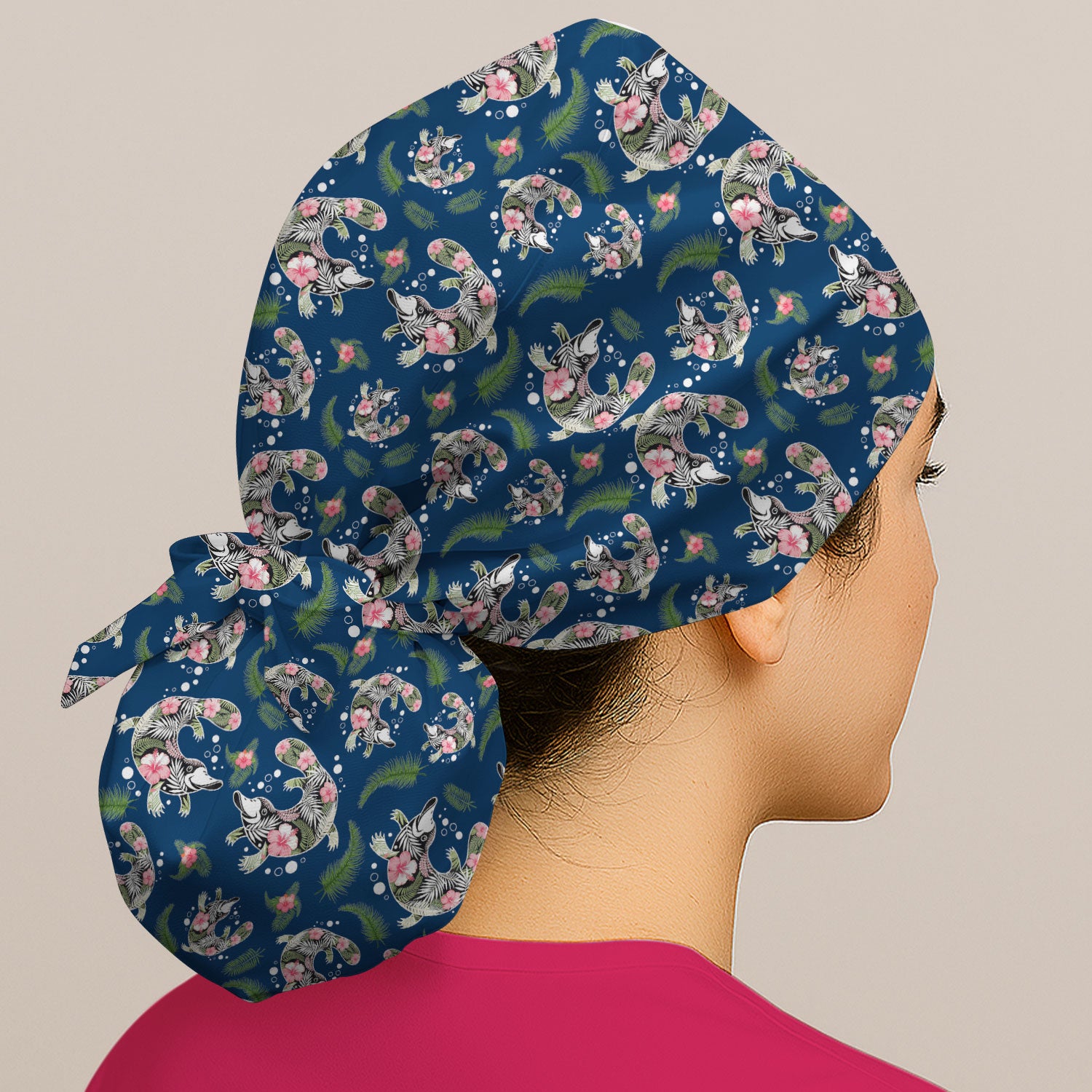 Cute Platypus Scrub Cap, Tropical Floral Animal Pattern Nurse Hat, Breathable Fabrics Nursing Uniform