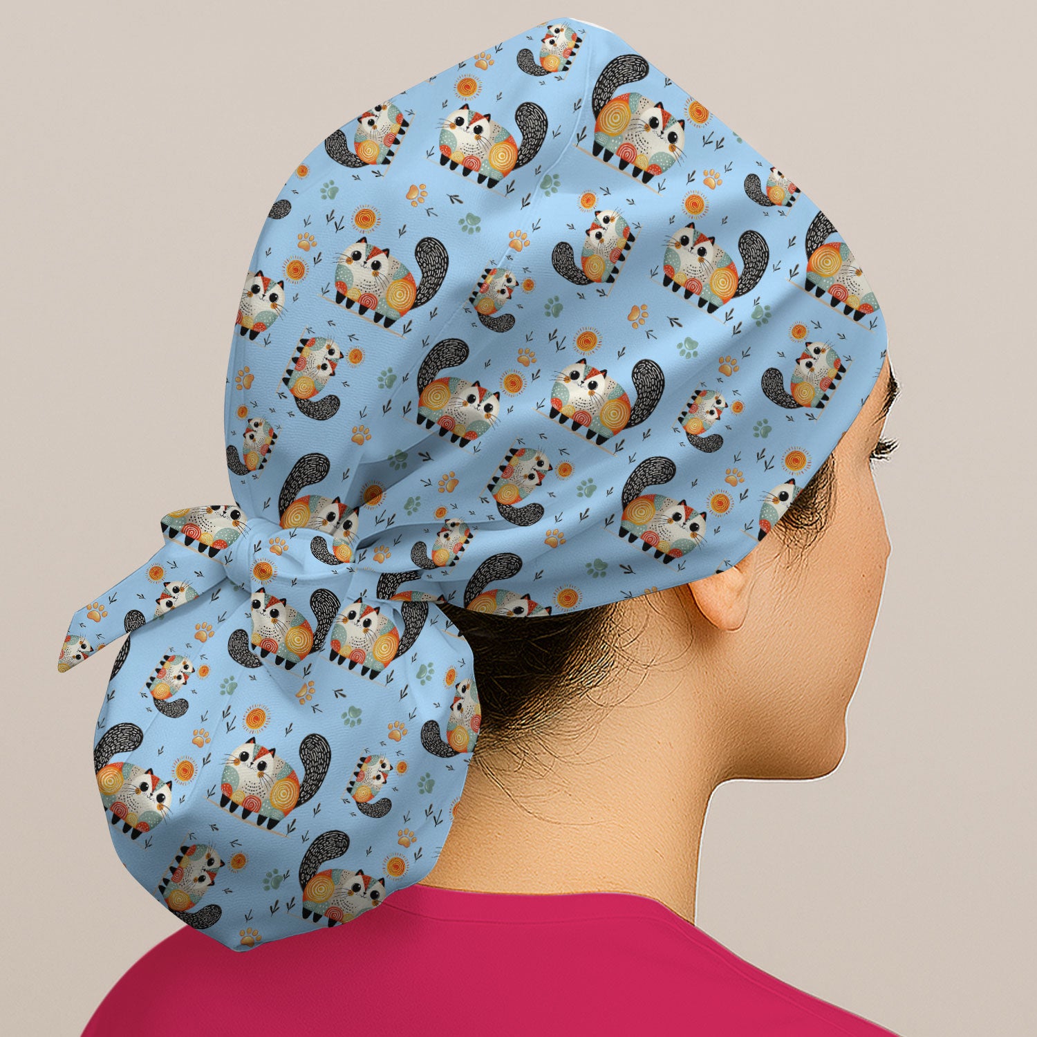 Playful Cat Illustration Scrub Cap, Bouffant Scrub Caps for Women