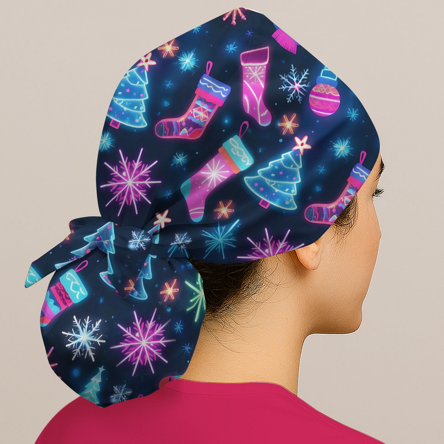 Xmas Neon Pattern Scrub Cap, Christmas Scrub Hat, Breathable Fabrics Nursing Uniform