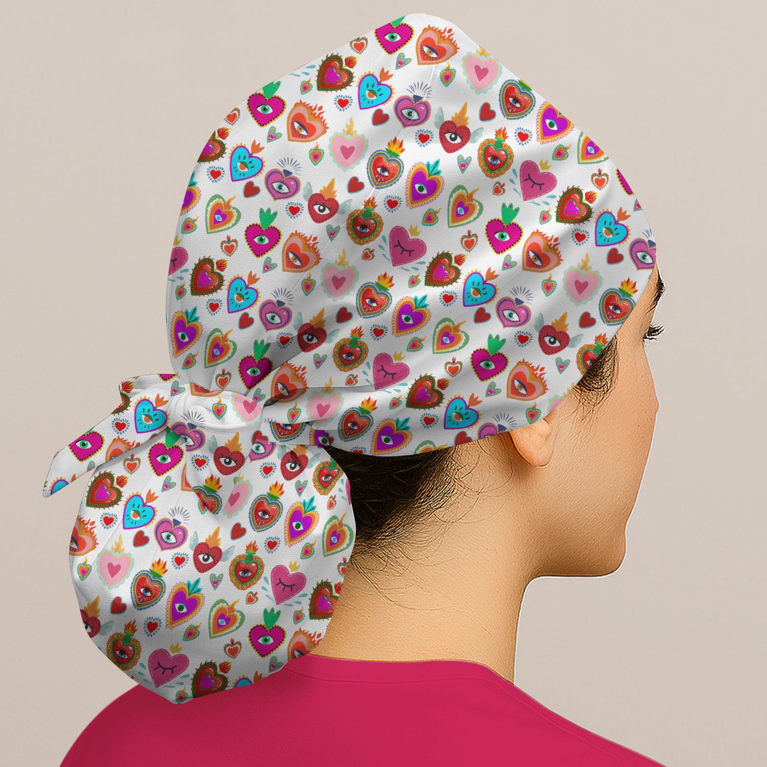 Valentine Colorful Sacred Heart Print Cap, Bouffant Scrub Caps for Women