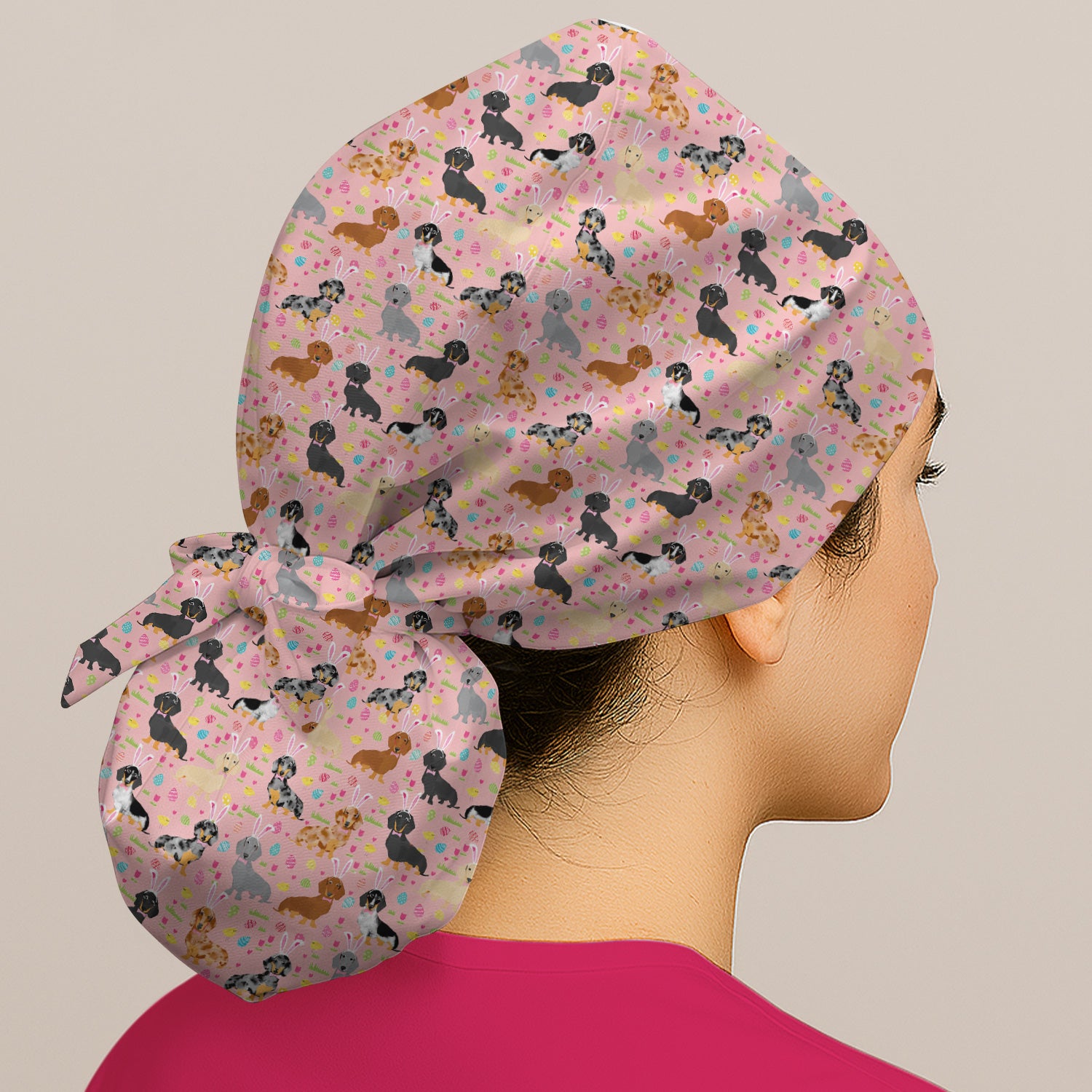 Easter Dachshund Dog Pattern Print Cap, Bouffant Scrub Caps for Women