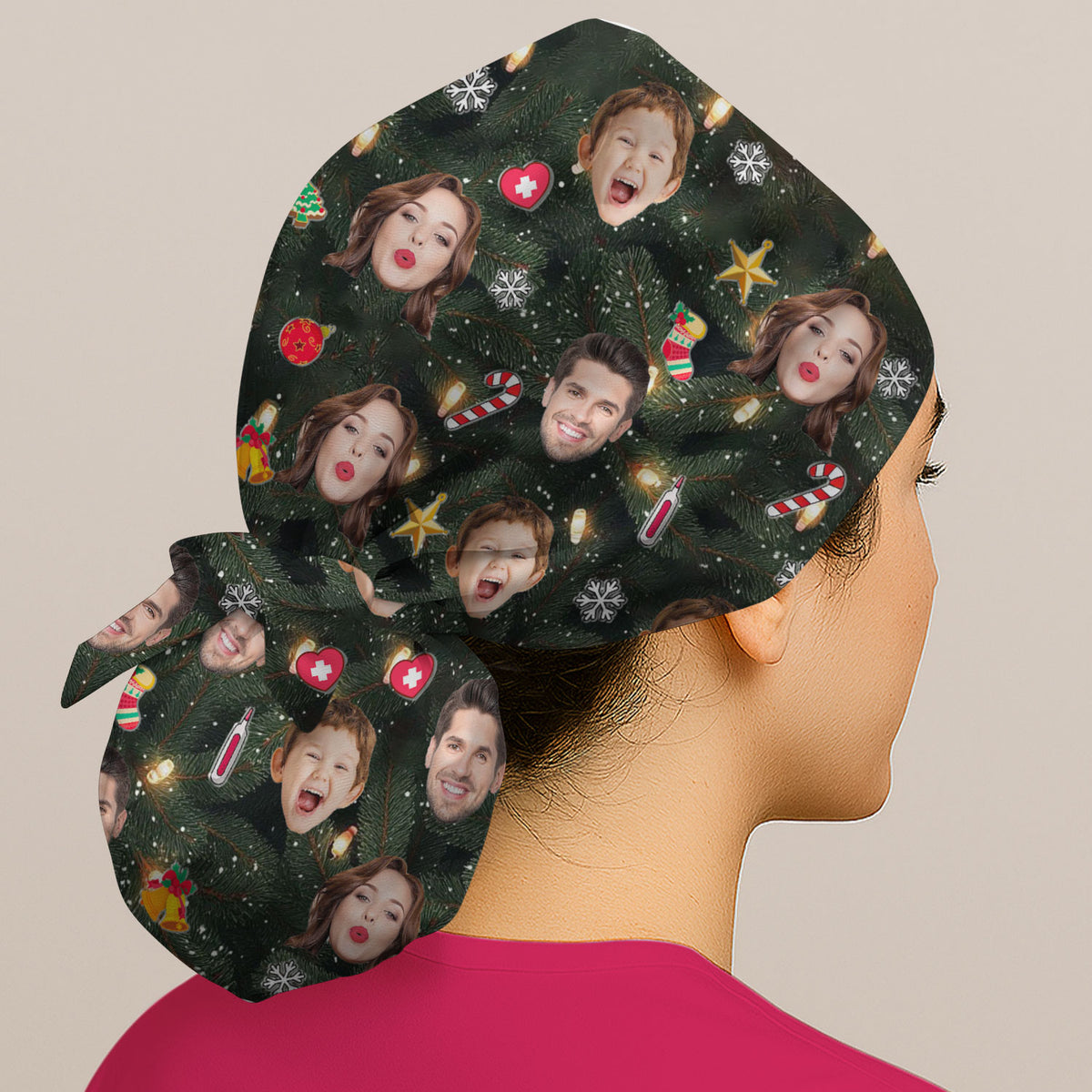 Personalized Christmas Photo Scrub Cap, Funny Xmas Custom Face Scrub Hat, Breathable Fabrics Nursing Uniform
