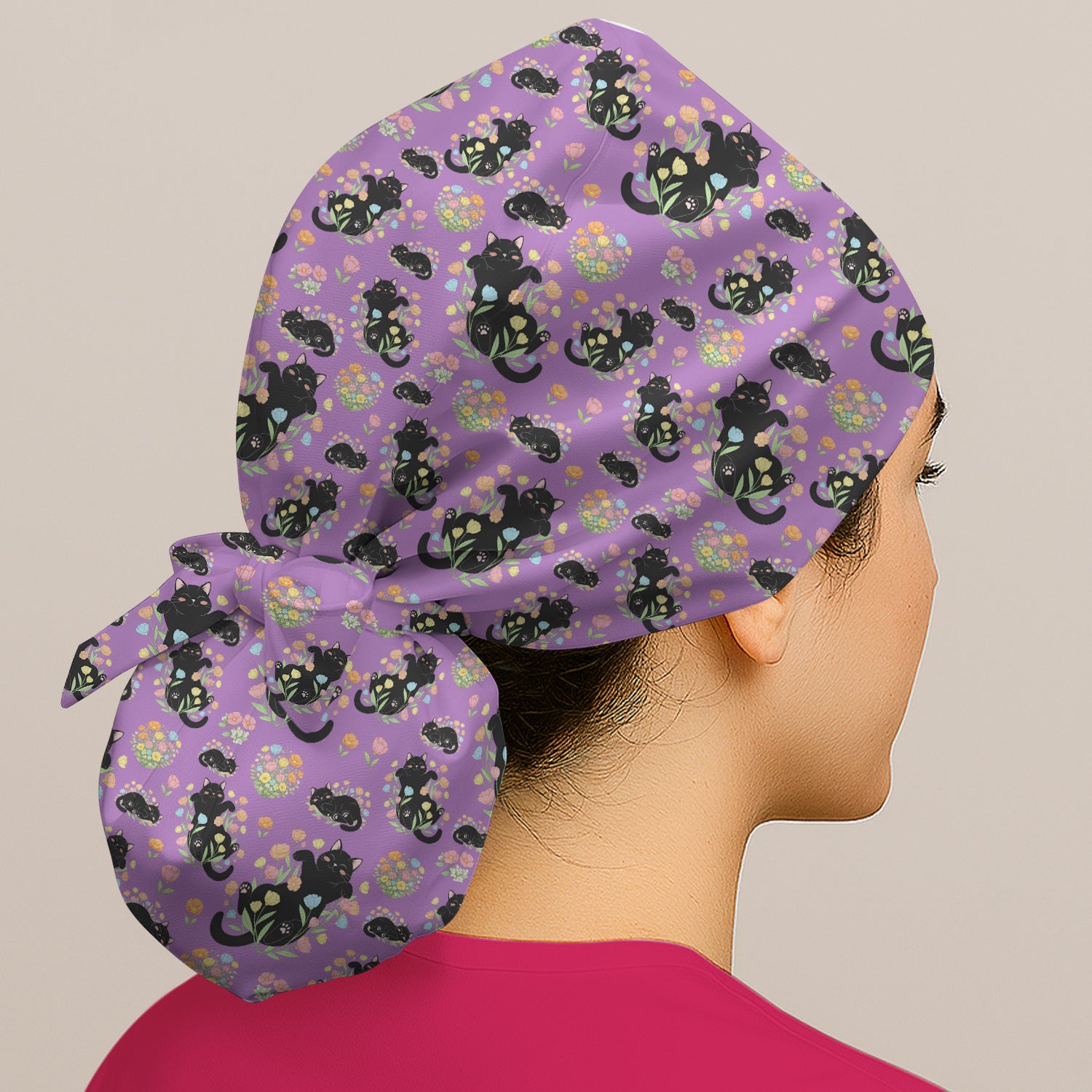 Cats With Cute Poses Floral Pattern Caps, Bouffant Scrub Caps for Women