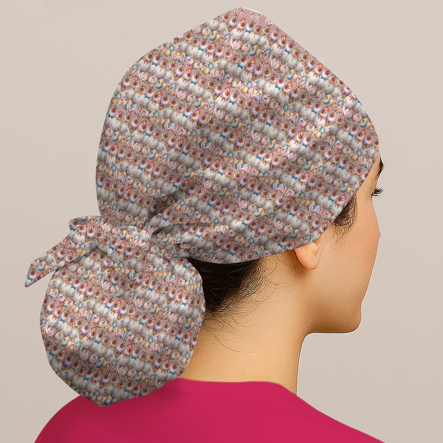 Easter Bunny Chicken Pattern Print Cap, Bouffant Scrub Caps for Women