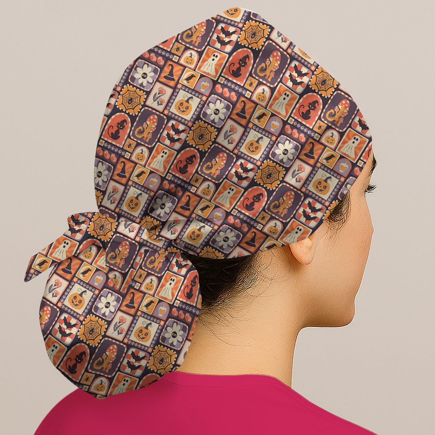 Retro Halloween Patchwork Icons Scrub Cap, Surgical Caps for Doctors