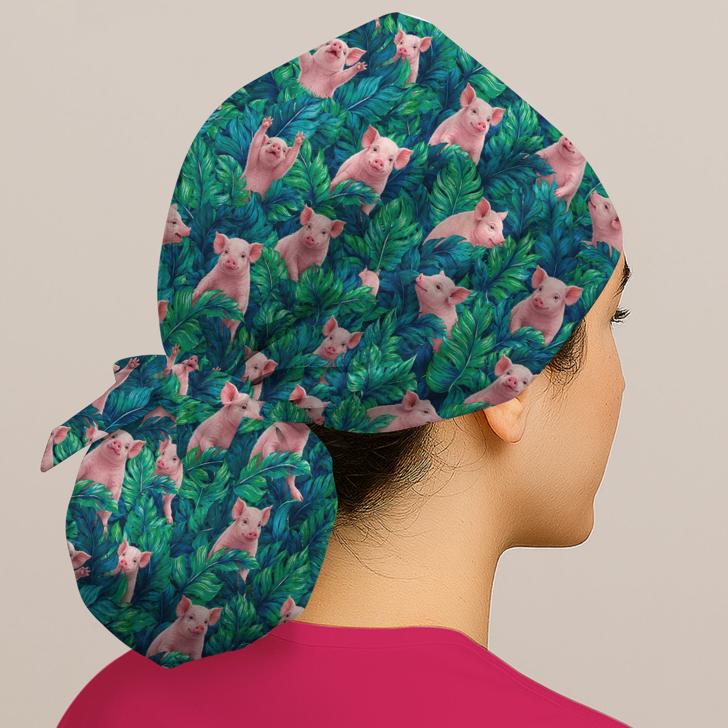 Cute Piglet Jungle Leaves Pattern Scrub Cap, Surgical Caps for Doctors