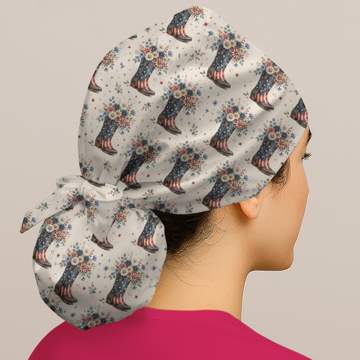 Festive Patriotic Cowboy Boots Flower Pattern Nurse Scrub Cap, Surgical Caps for Doctors