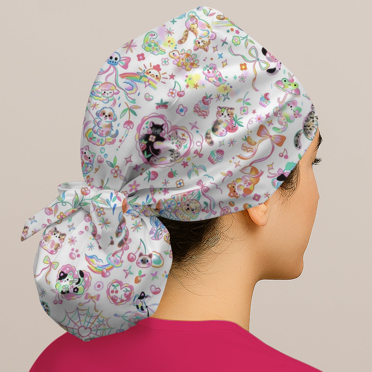 Cute Kawaii Animal Rainbow Heart Pattern Nurse Scrub Cap, Surgical Caps for Doctors