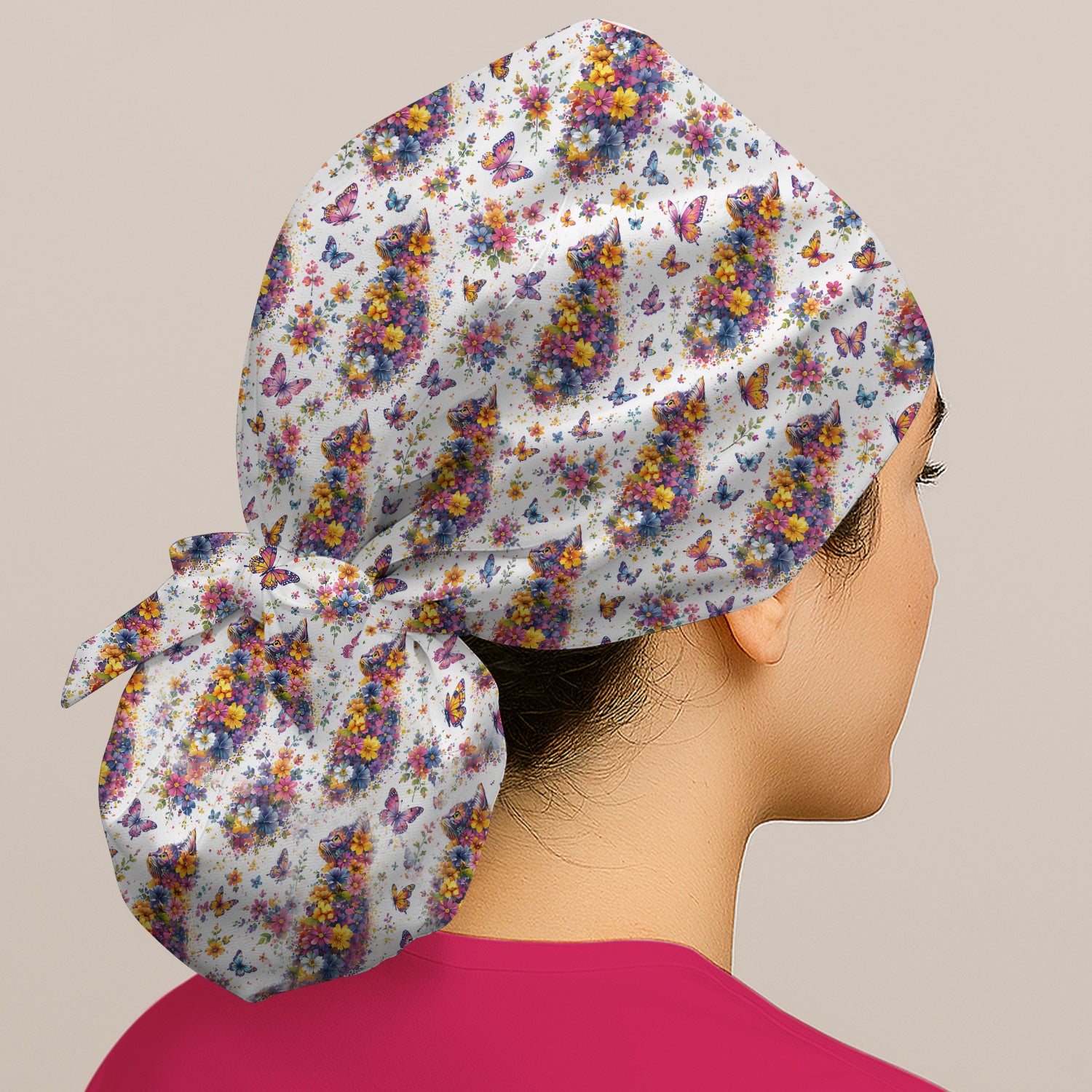 Cute Floral Cat With Butterfly Pattern Scrub Cap, Surgical Caps for Doctors