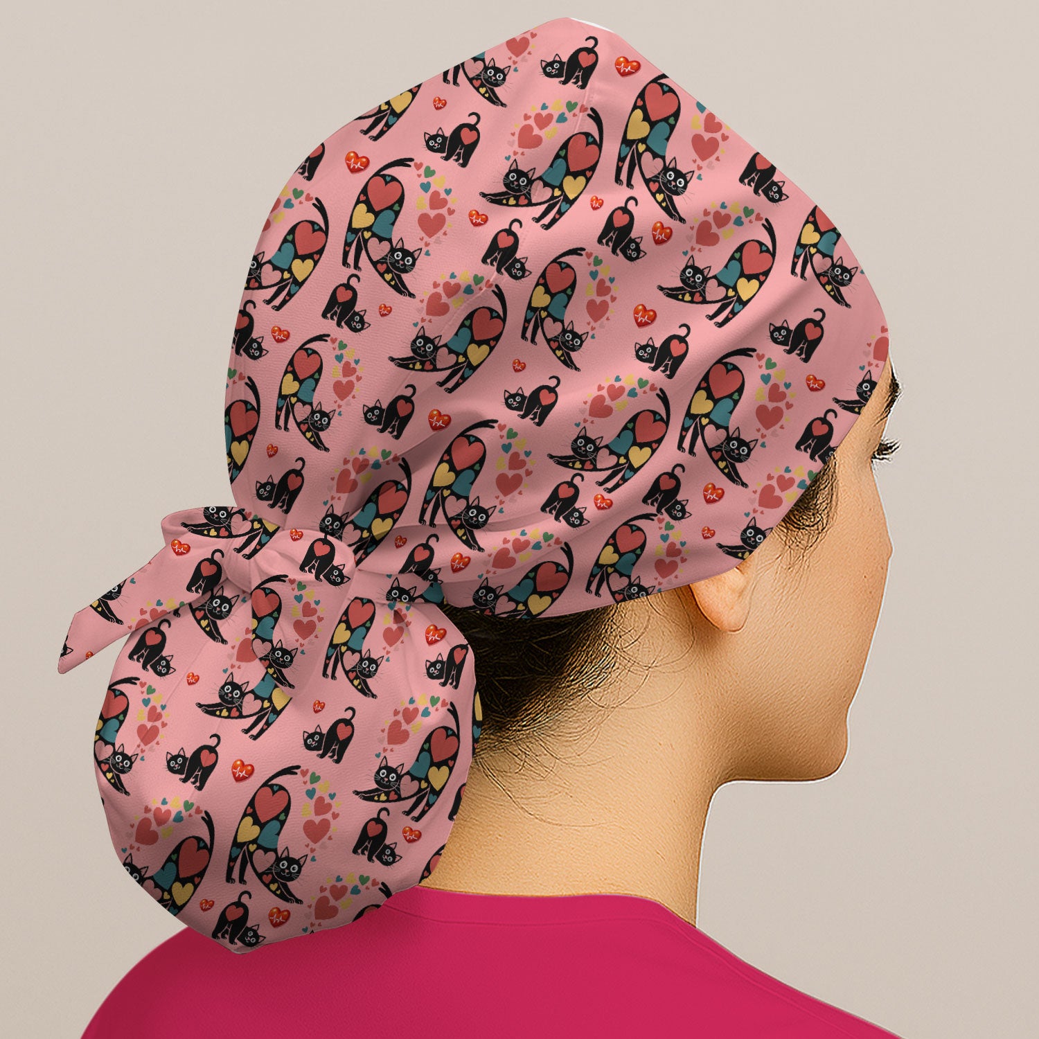 Playful Cat Valentine Heart Print Nurse Scrub Cap, Bouffant Scrub Caps for Women