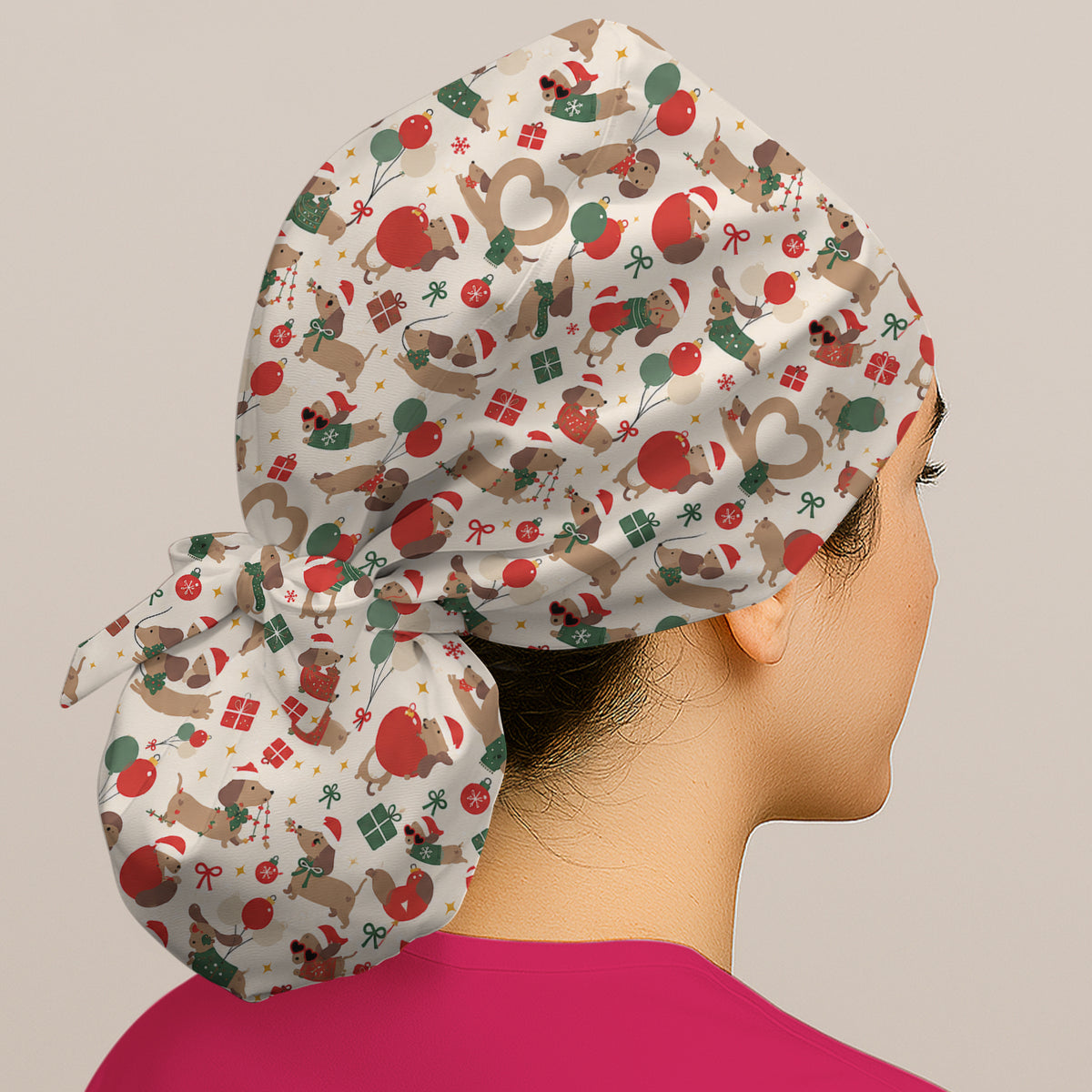 Cute Christmas Dachshund Pattern Scrub Cap, Surgical Caps for Doctors