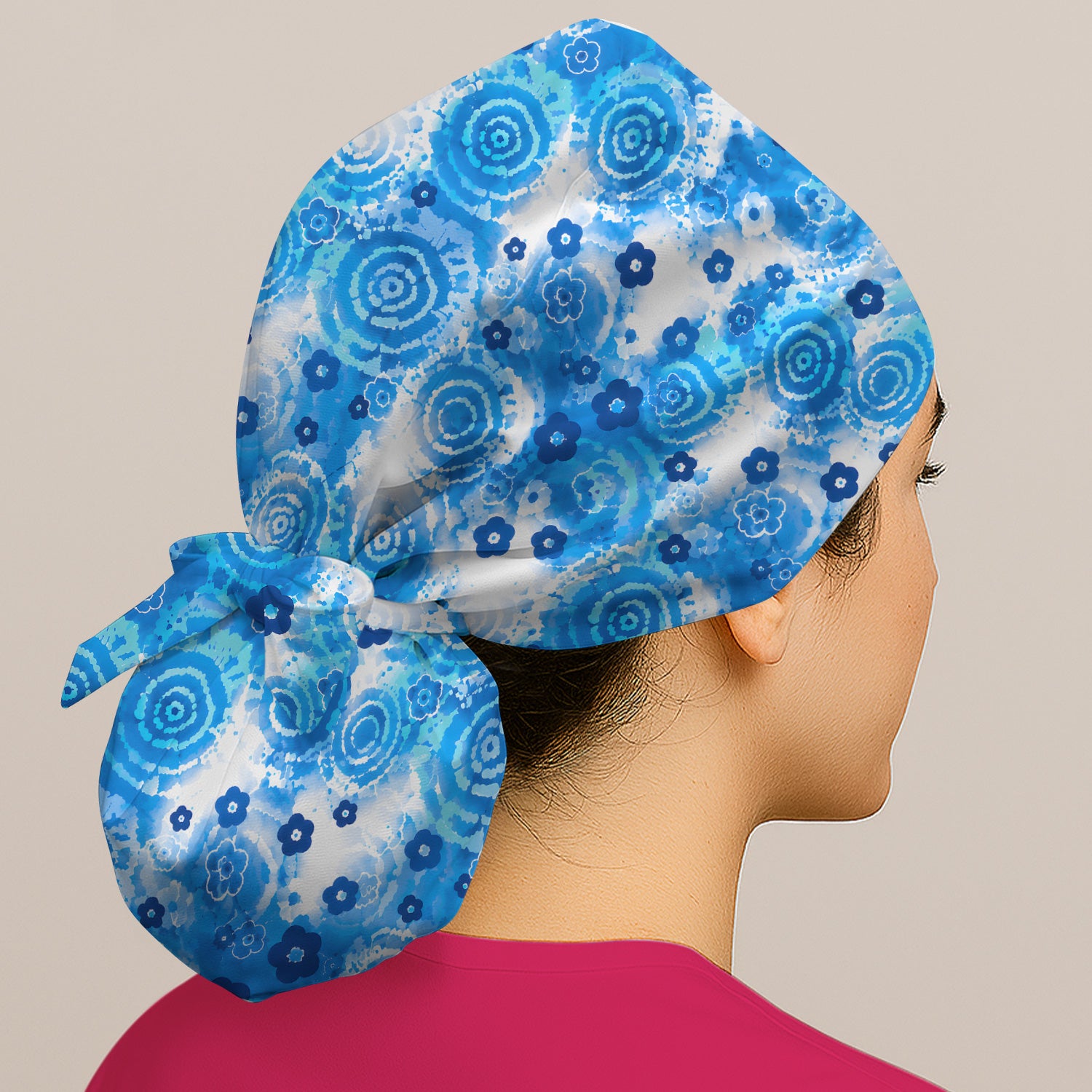Blue Floral Spiral Nurse Pattern Scrub Top, Breathable Fabrics Nursing Uniform Scrub Cap, Surgical Caps for Doctors