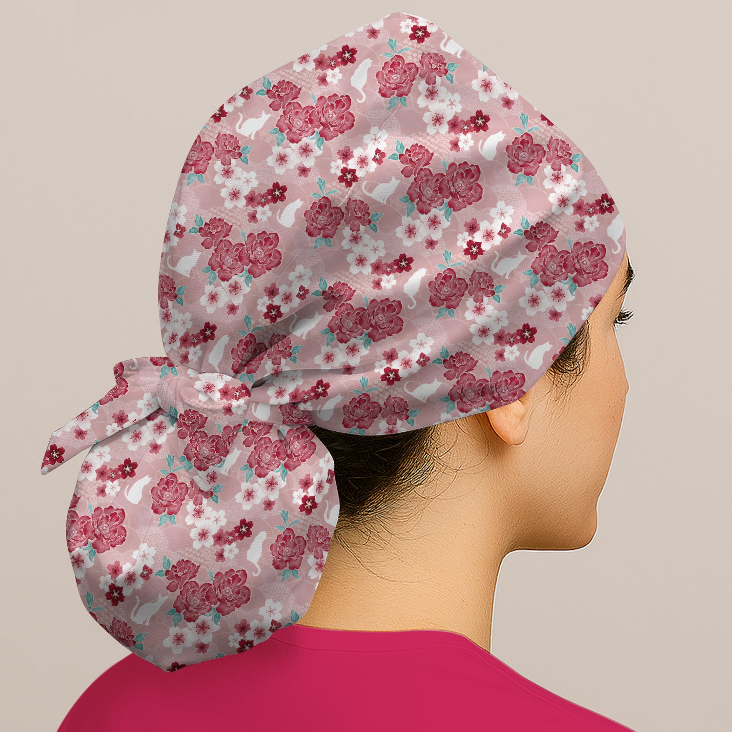 Floral White Cat Nurse Scrub Cap, Surgical Caps for Doctors