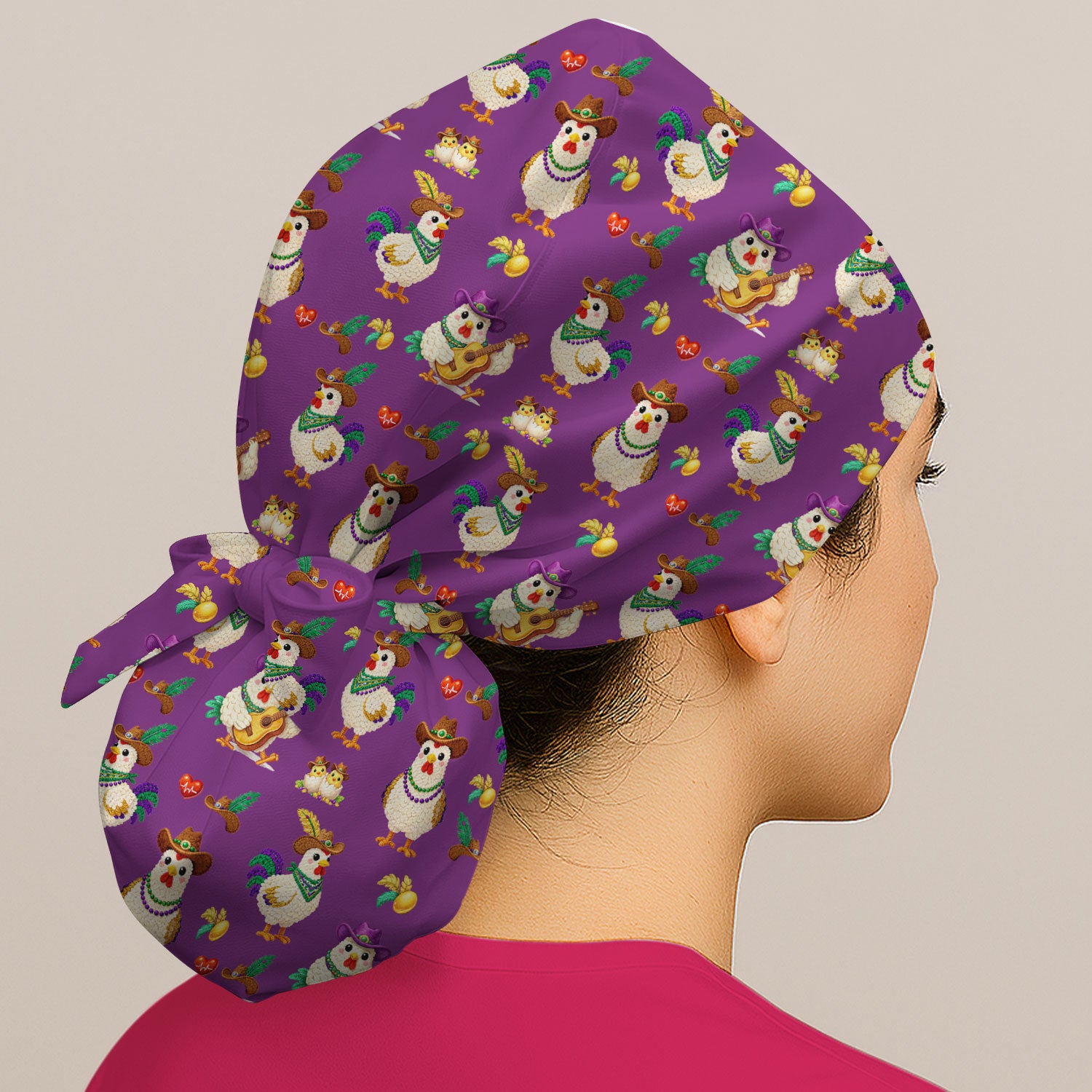 Funny Mardi Gras Rooster Cowboy Print Cap, Bouffant Scrub Caps for Women