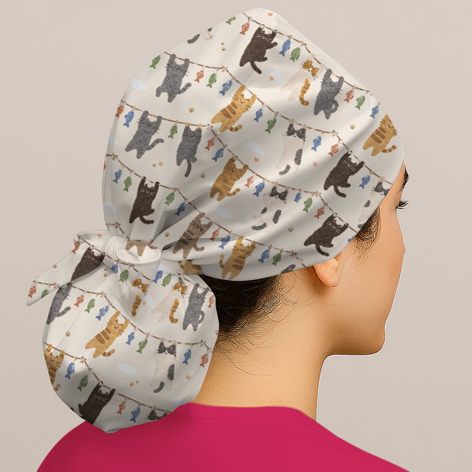 Cute Hanging Cat Fishline Pattern Scrub Cap, Surgical Caps for Doctors