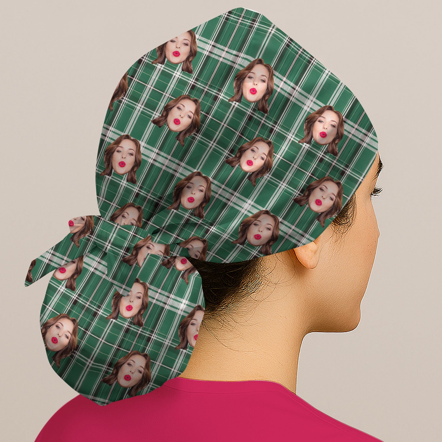 Personalized Funny Face Plaid Scrub Cap, Custom Photo Pattern Surgical Cap For Doctors, Breathable Fabrics Caps Uniform