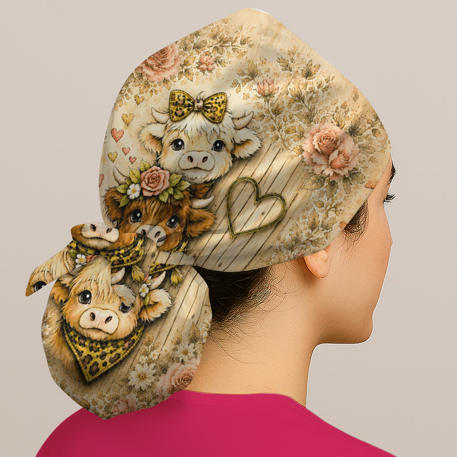 Highland Cow with Floral Farmhouse Scrub Cap, Surgical Caps for Doctors