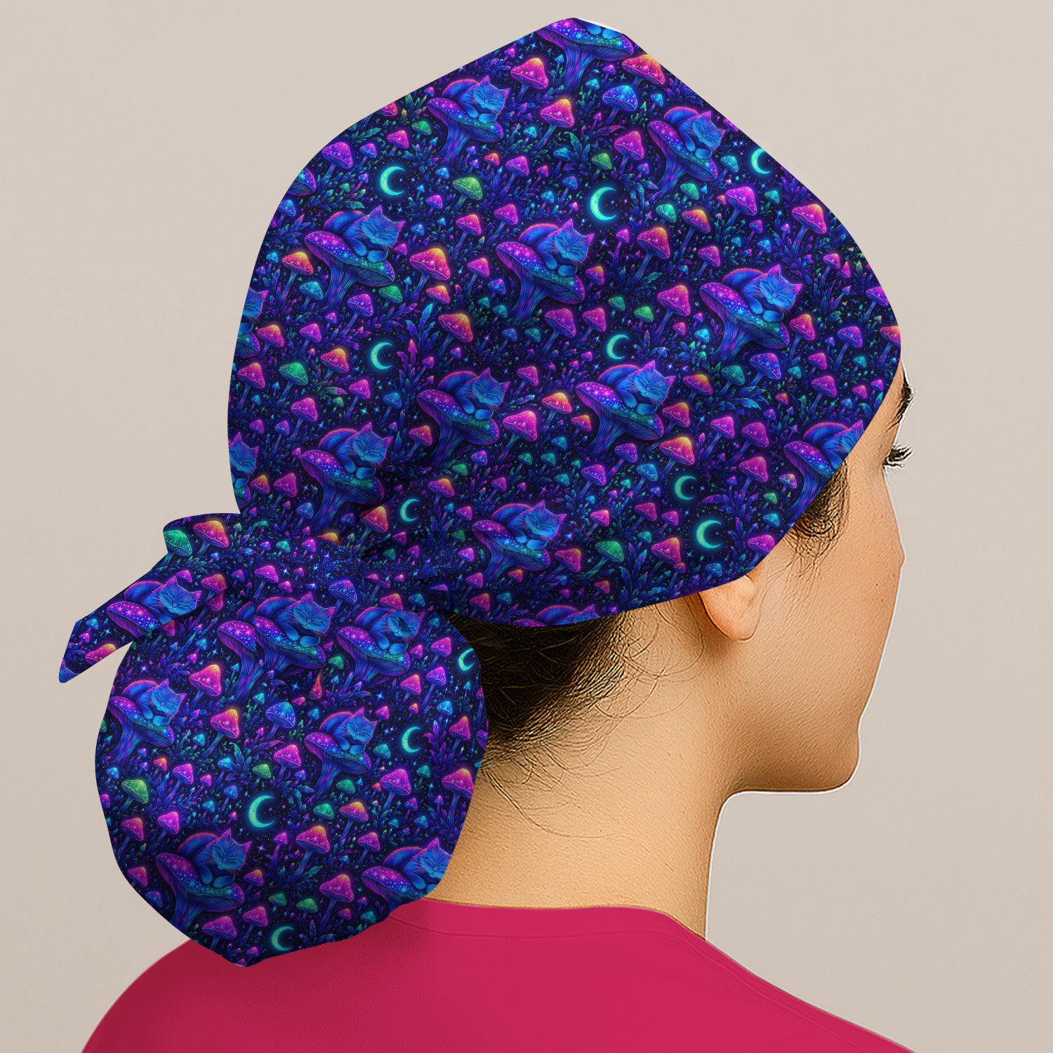 Neon Mushroom Cat Galaxy Pattern Scrub Cap, Surgical Caps for Doctors