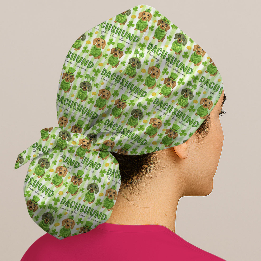 Wiener Dog St. Patrick’s Day Scrub Cap, Shamrock Dachshund Pattern Nurse Hat, Breathable Fabrics Nursing Uniform