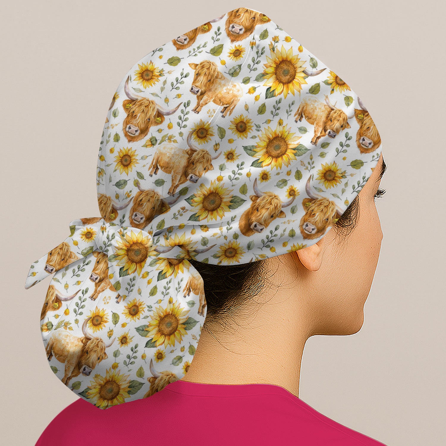 Highland Cow Sunflower Pattern Scrub Cap, Surgical Caps for Doctors