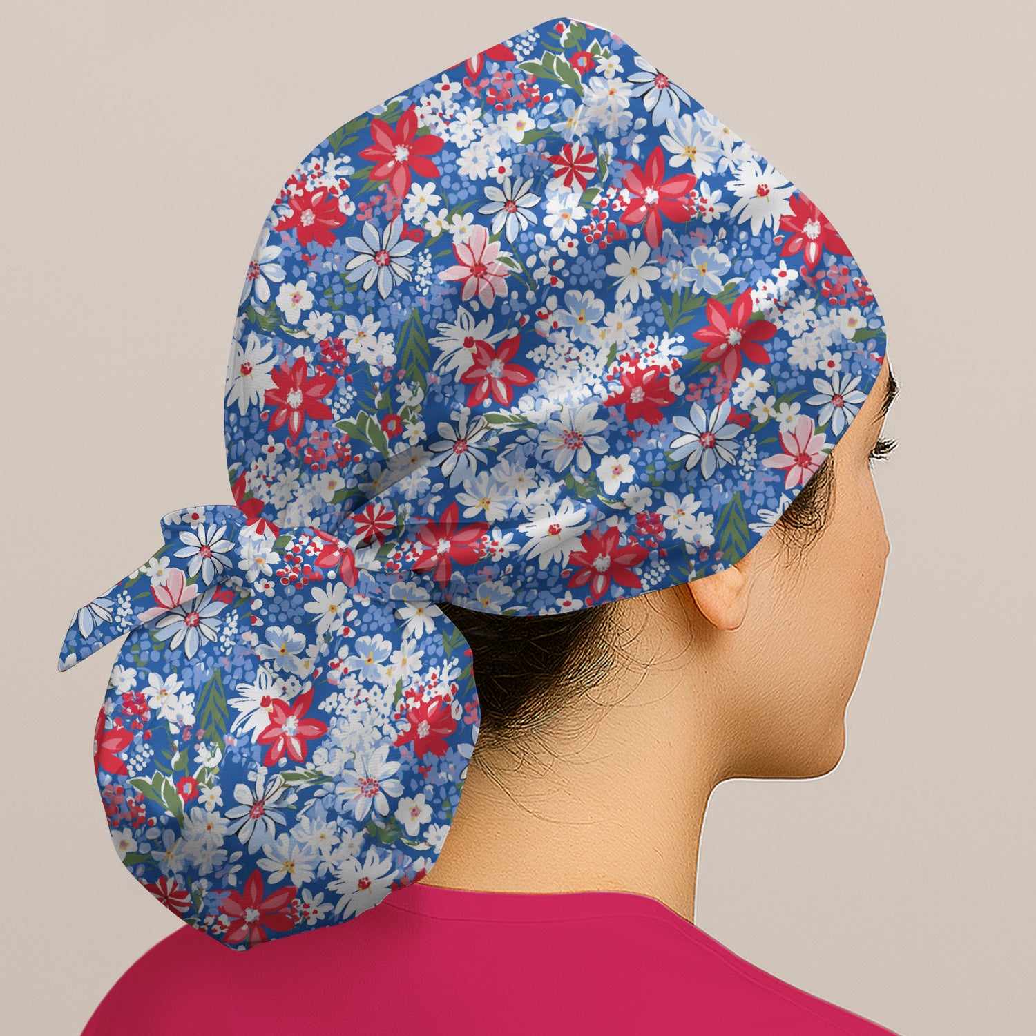 Patriotic Red White Blue Floral Garden Print Scrub Cap, Surgical Caps for Doctors