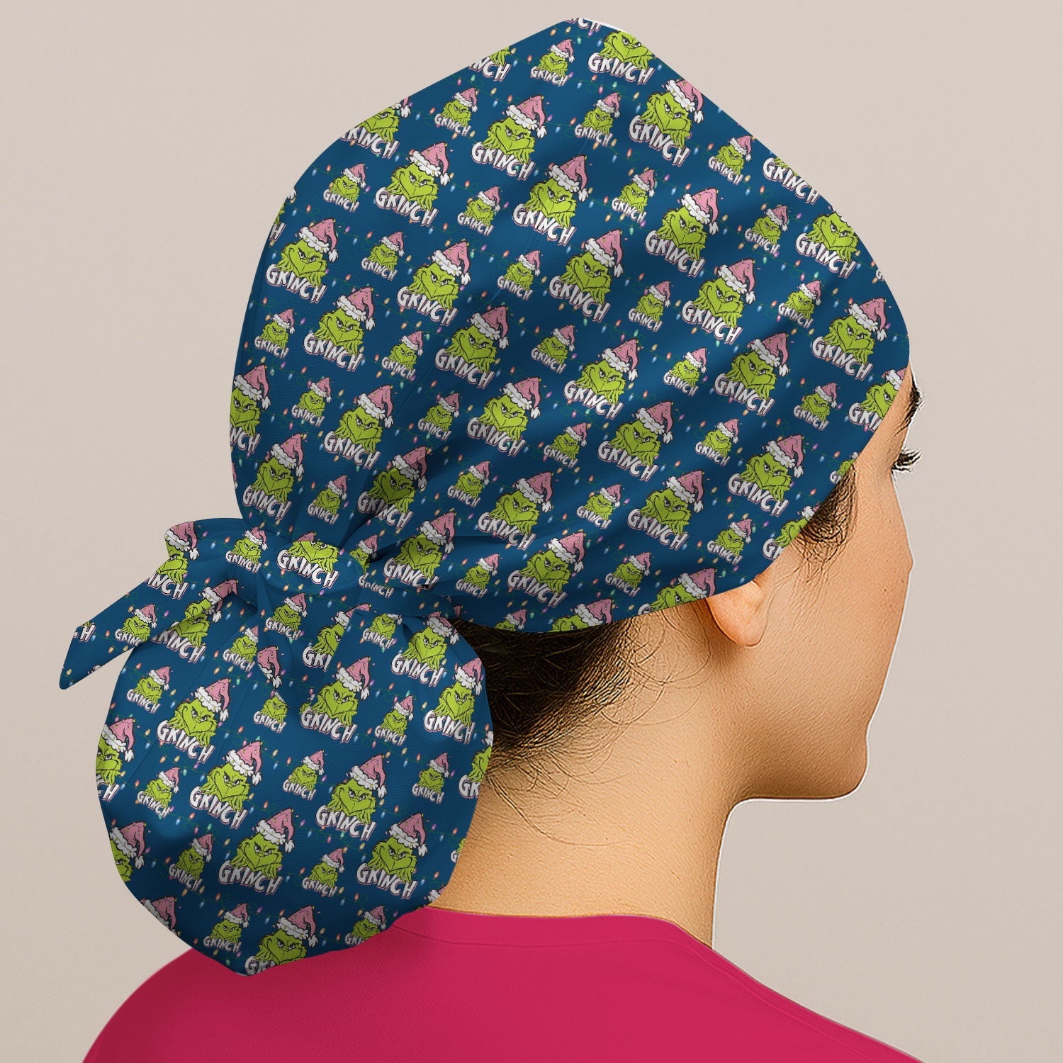 Grinch with Santa Hat Christmas Nurse Scrub Cap - Funny Holiday Surgical Hat Multi Color - Xmas Bouffant Cap for Women