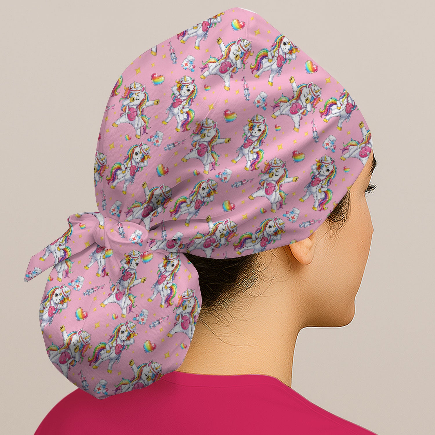 Playful Nurse Unicorn Rainbow Pattern Cap, Bouffant Scrub Caps for Women