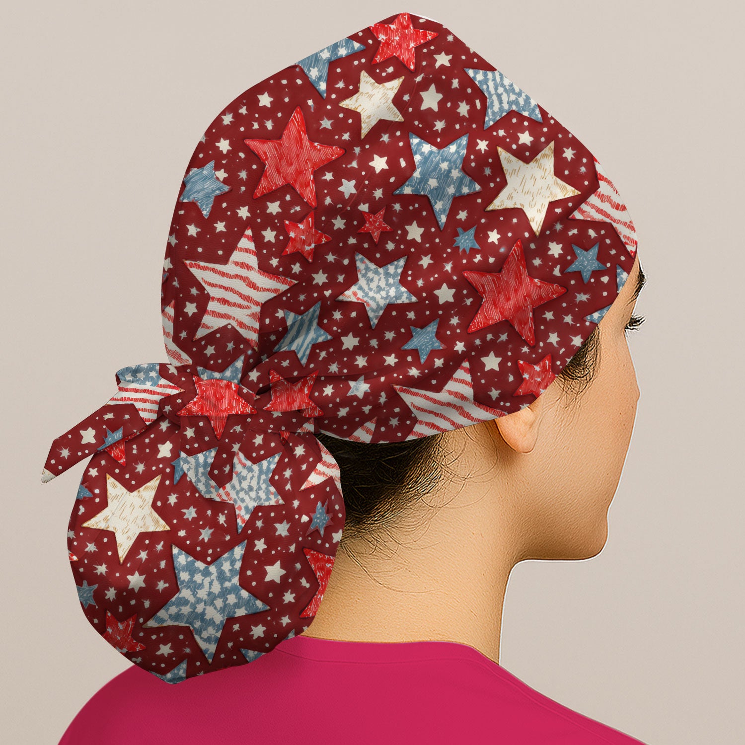 Patriotic Star Pattern Scrub Cap, Breathable Fabrics Caps Uniform