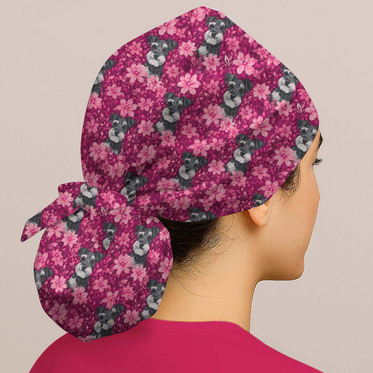 Pink Floral Schnauzer Pattern Scrub Cap, Surgical Caps for Doctors
